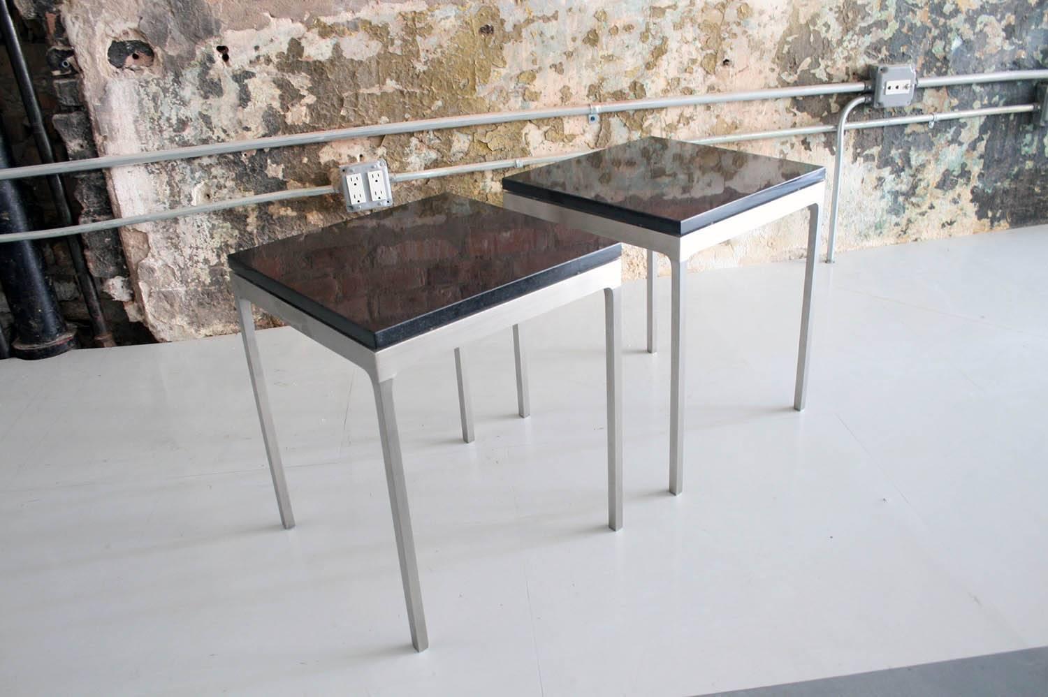 American Pair of Rare Nico Zagraphos Granite and Stainless Steel Side Tables