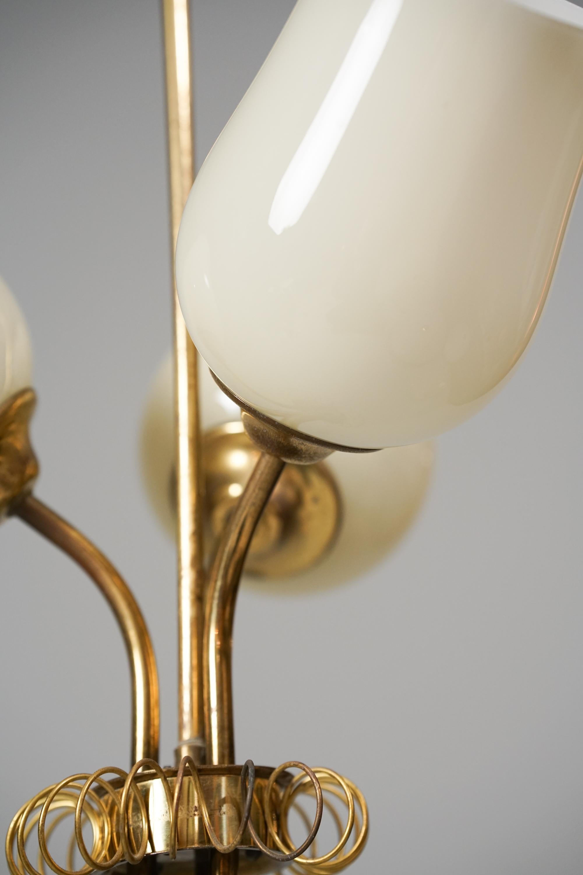 Pair of Rare Opaline Glass and Brass Pendants by Itsu Oy, 1950s In Good Condition For Sale In Helsinki, FI