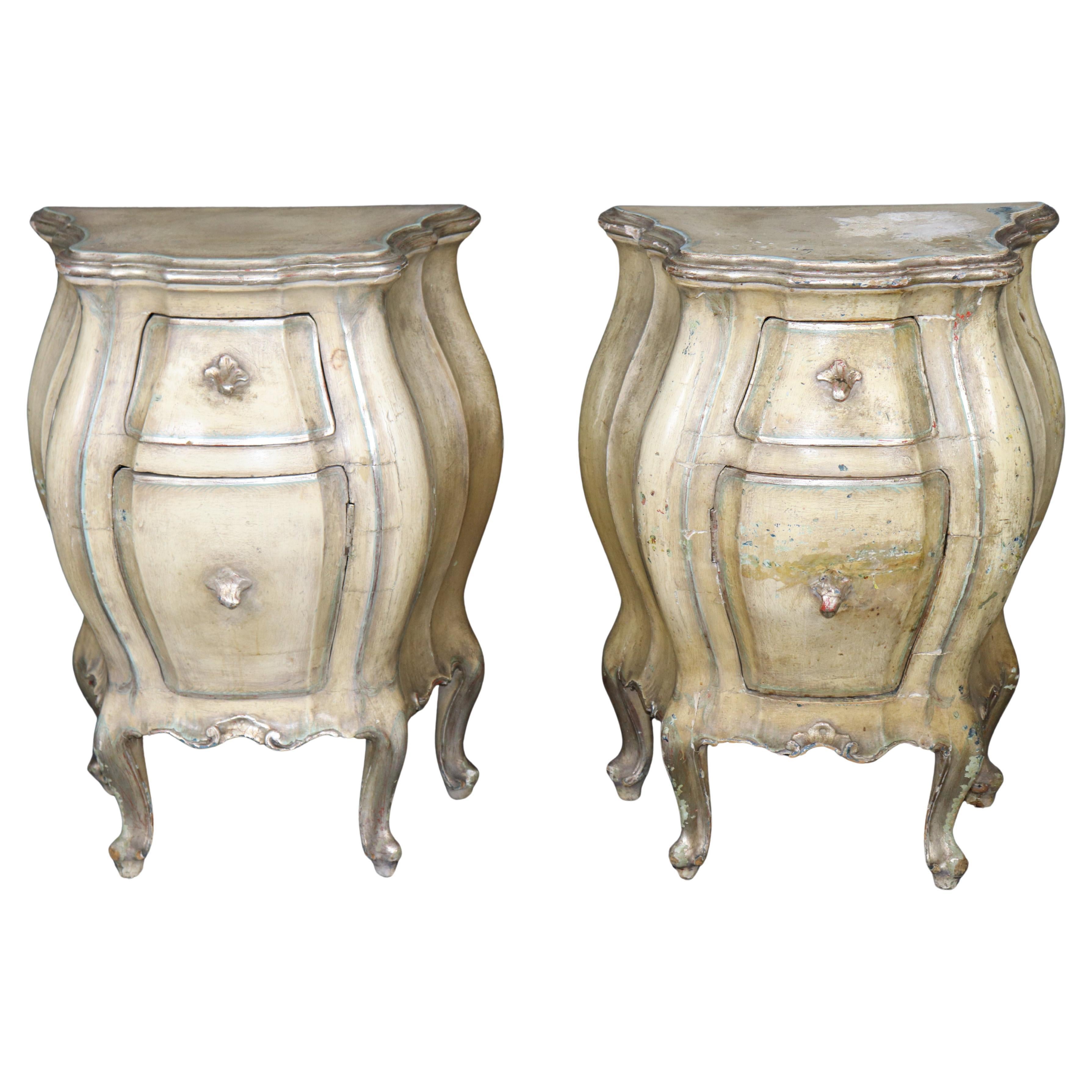 Pair of Rare Paint Decorated Distressed Italian Rococo Bombe Nightstands