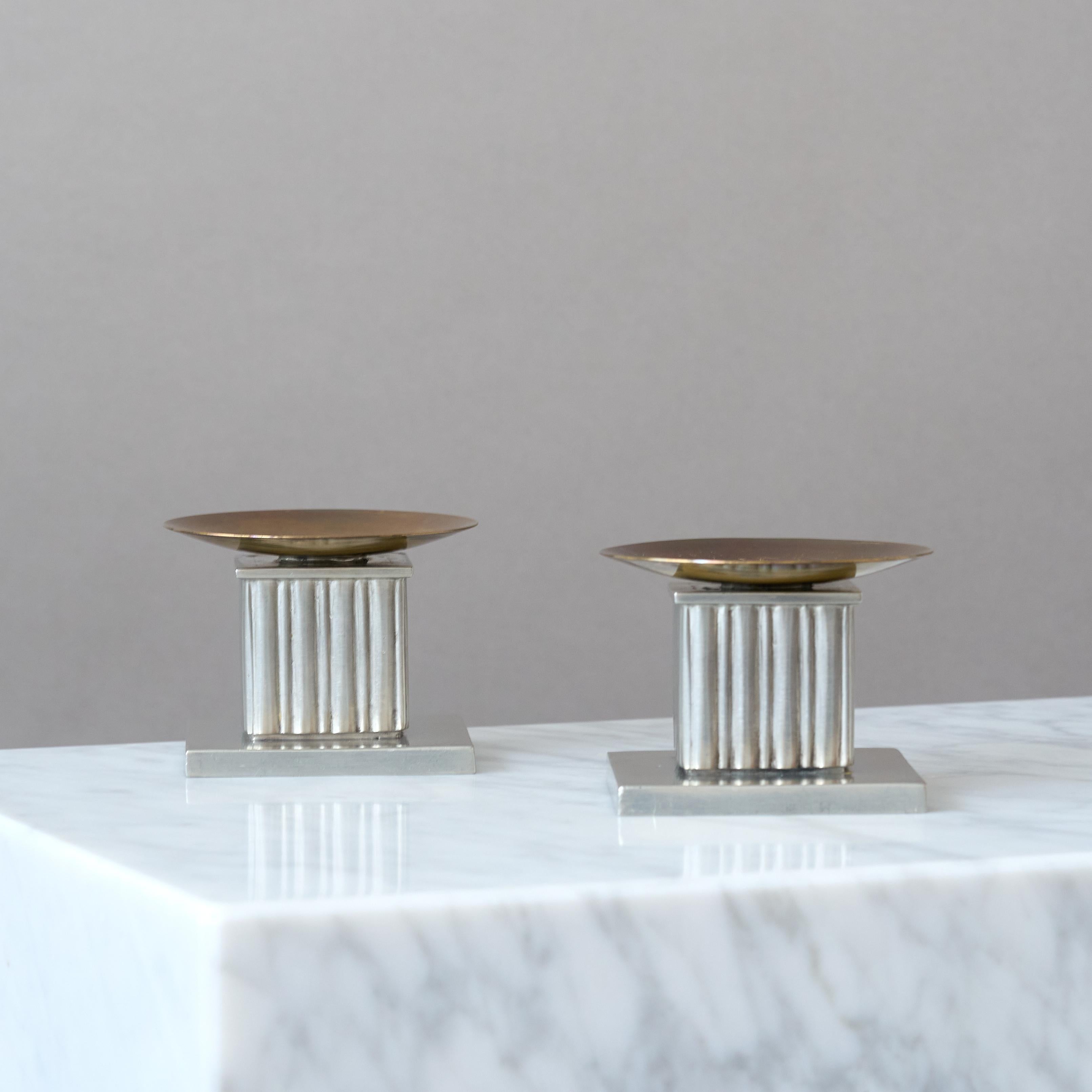 Pair of Rare Pewter & Brass Art Deco Candlesticks by GAB, Sweden, 1939. For Sale 3