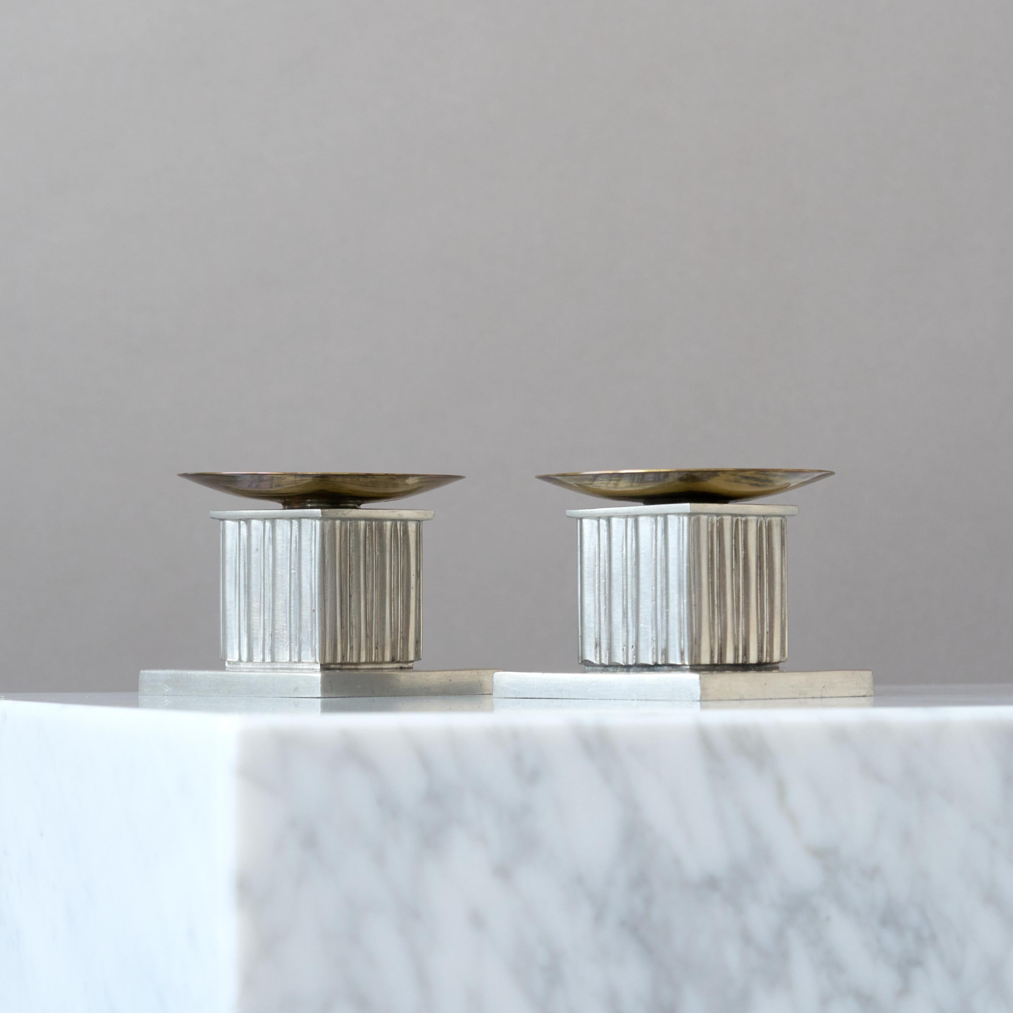 Pair of Rare Pewter & Brass Art Deco Candlesticks by GAB, Sweden, 1939. For Sale 4