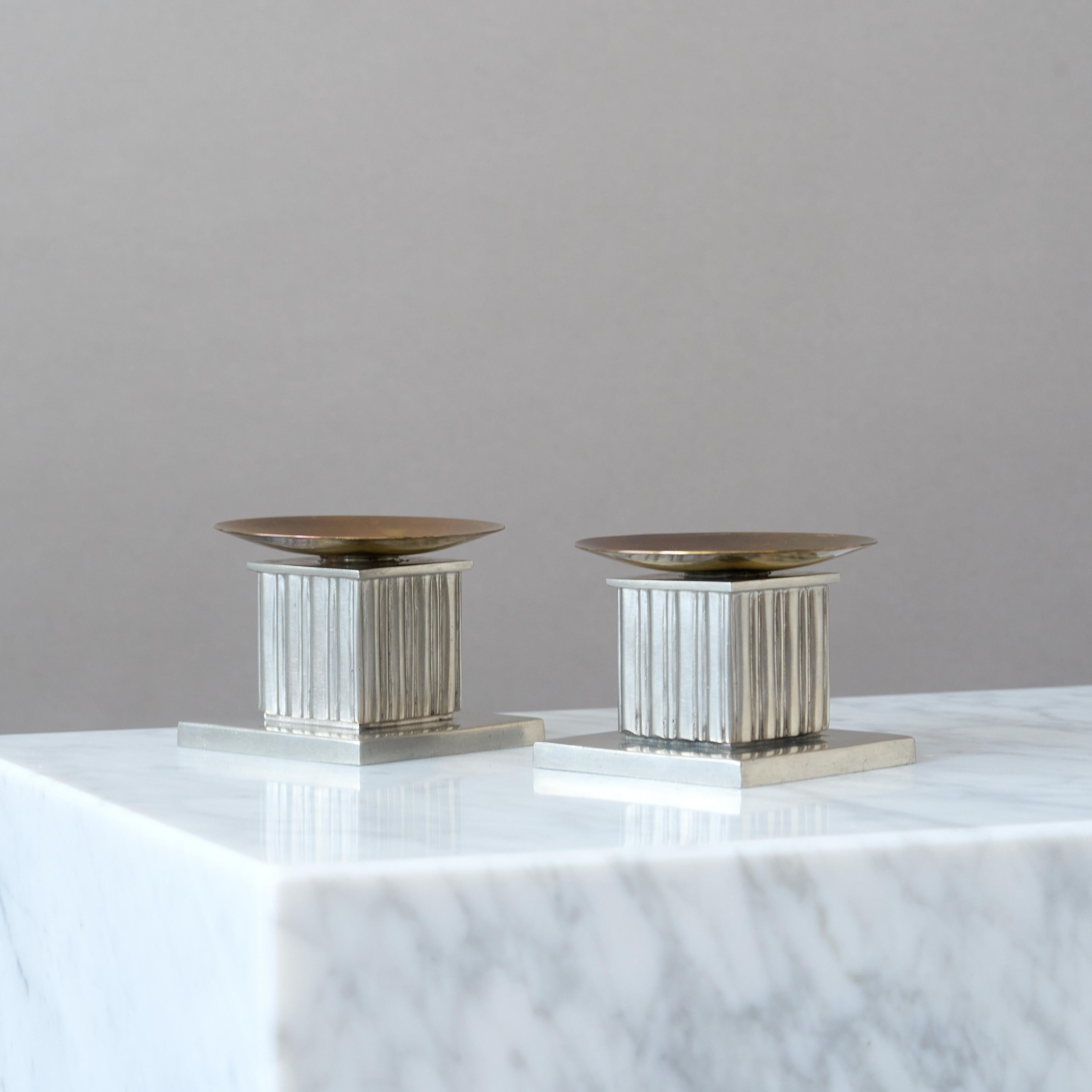 Swedish Pair of Rare Pewter & Brass Art Deco Candlesticks by GAB, Sweden, 1939. For Sale