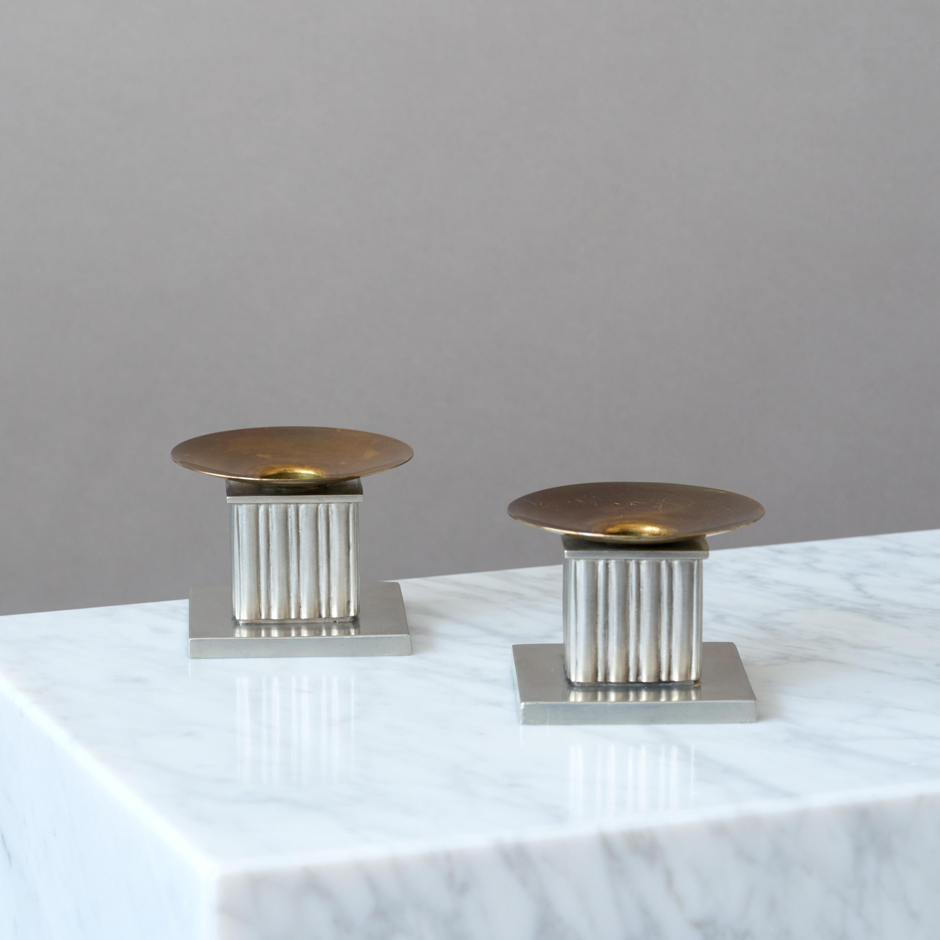 Cast Pair of Rare Pewter & Brass Art Deco Candlesticks by GAB, Sweden, 1939. For Sale