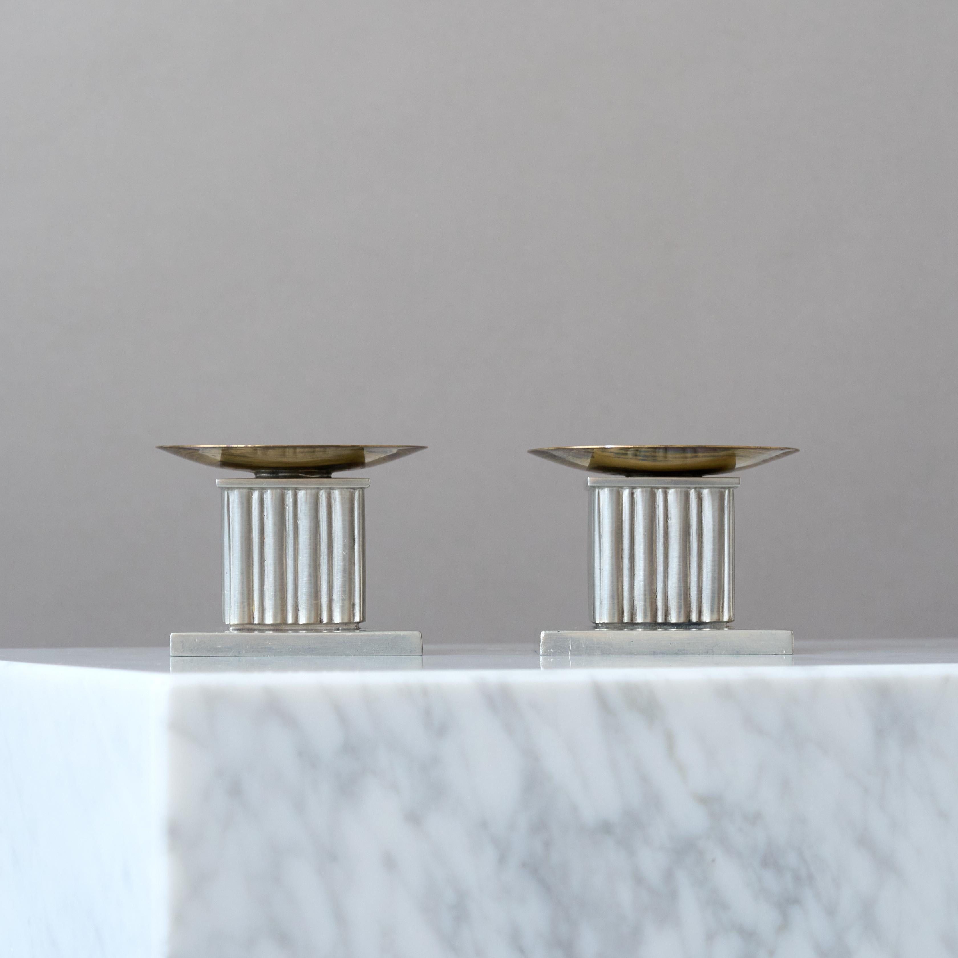Pair of Rare Pewter & Brass Art Deco Candlesticks by GAB, Sweden, 1939. In Good Condition For Sale In Malmö, SE