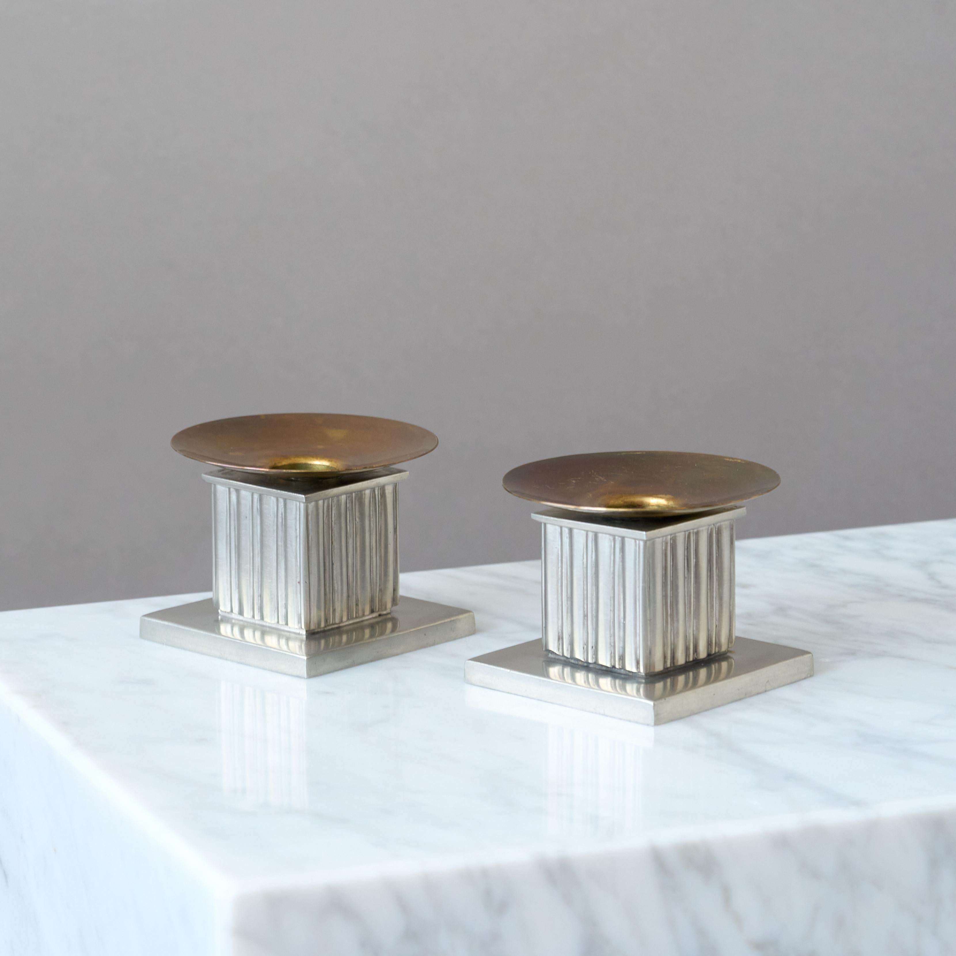 Mid-20th Century Pair of Rare Pewter & Brass Art Deco Candlesticks by GAB, Sweden, 1939. For Sale