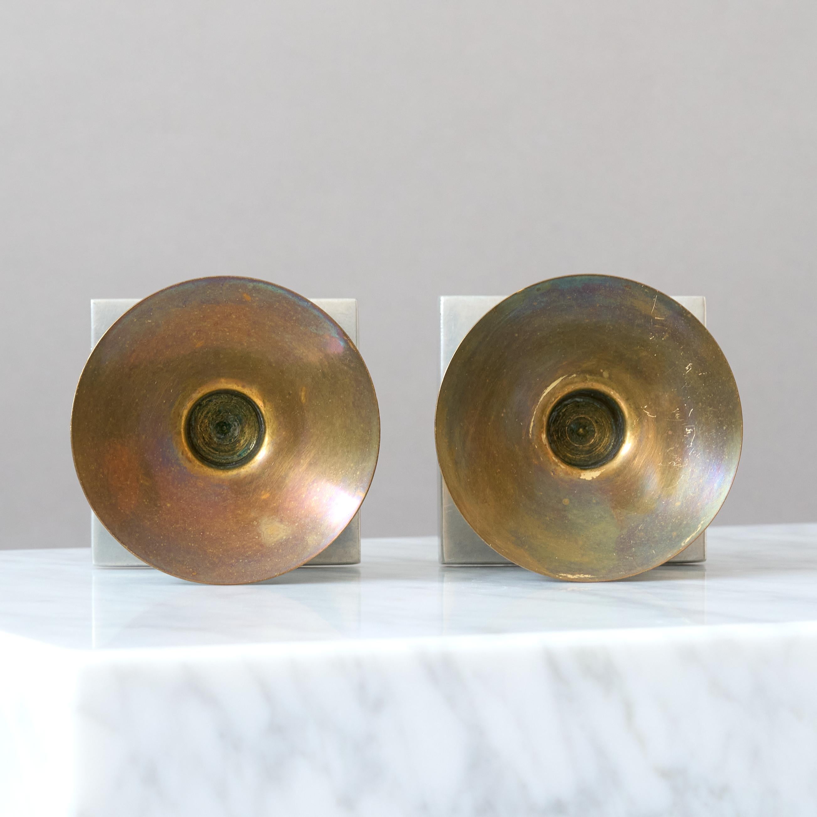 Bronze Pair of Rare Pewter & Brass Art Deco Candlesticks by GAB, Sweden, 1939. For Sale