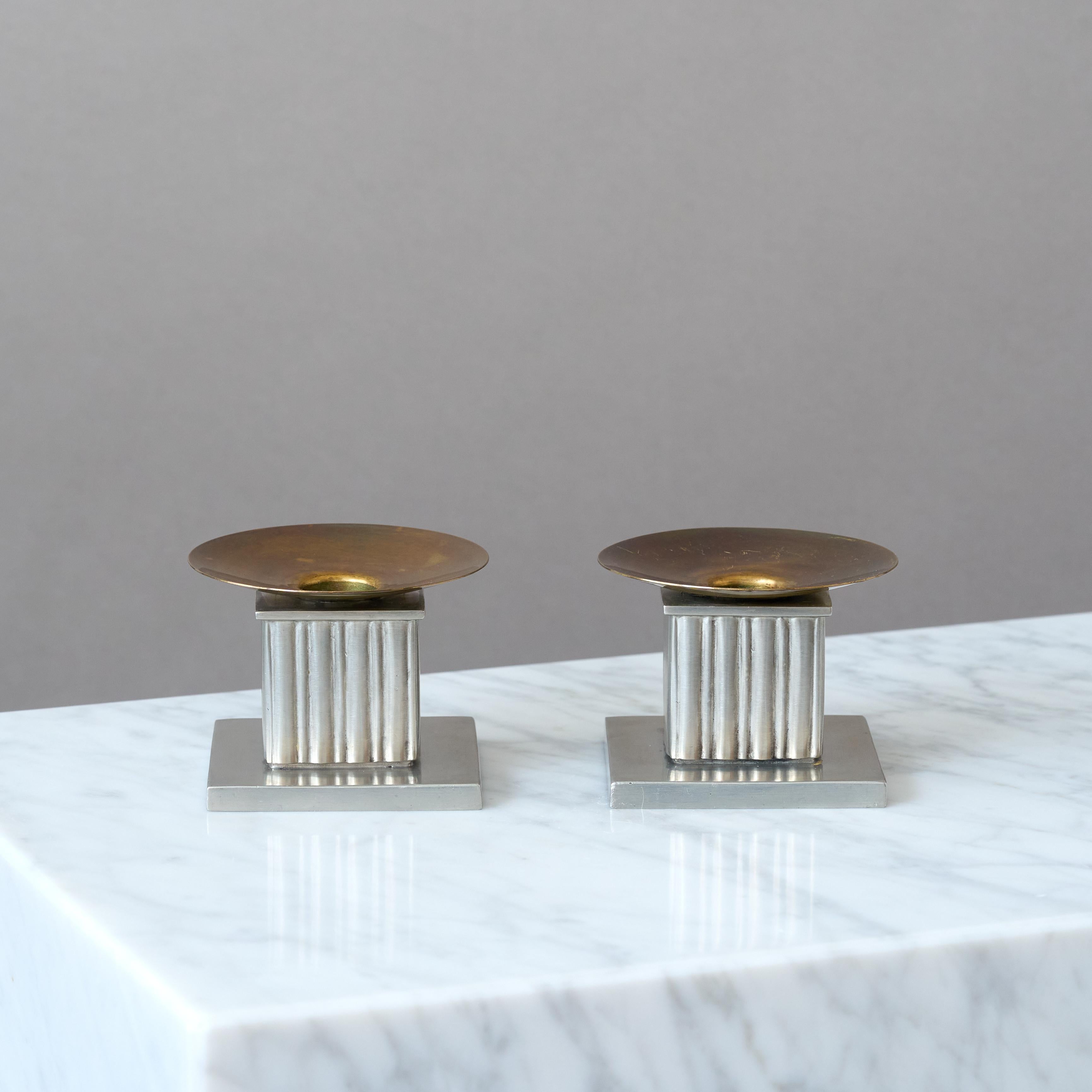 Pair of Rare Pewter & Brass Art Deco Candlesticks by GAB, Sweden, 1939. For Sale 1