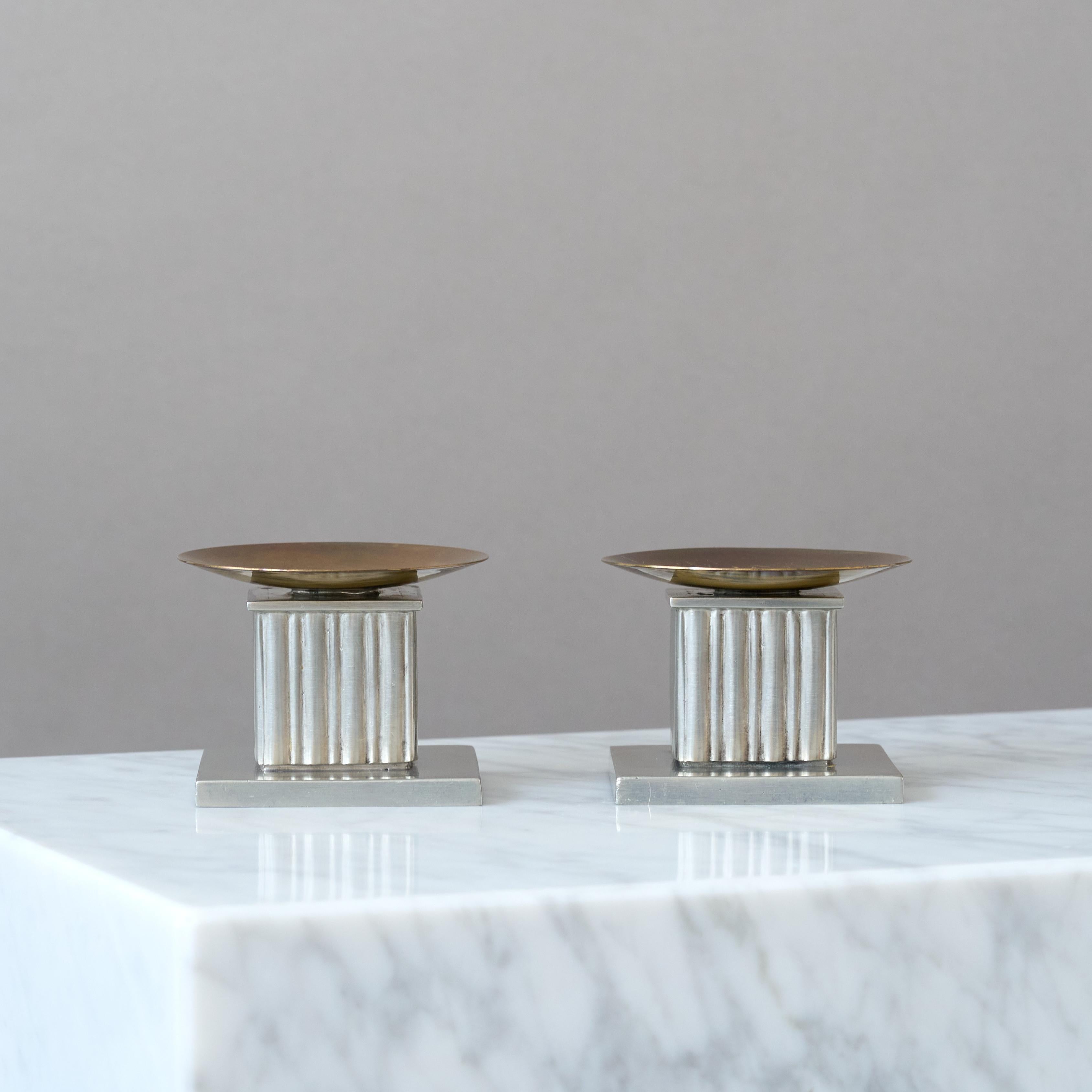 Pair of Rare Pewter & Brass Art Deco Candlesticks by GAB, Sweden, 1939. For Sale 2