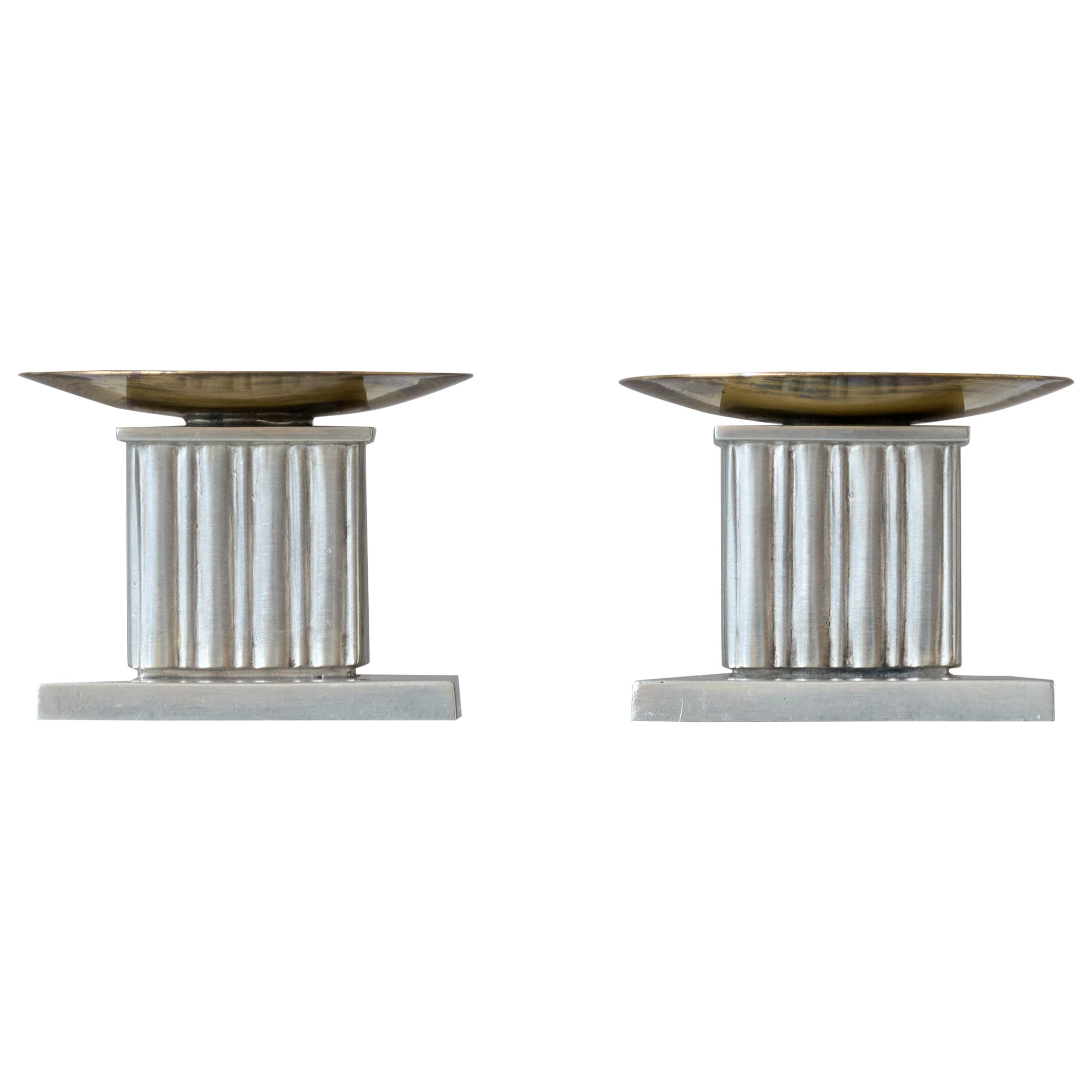Pair of Rare Pewter & Brass Art Deco Candlesticks by GAB, Sweden, 1939. For Sale