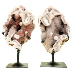 Pair of Rare Pink Amethyst Geodes with Natural Pink and Red Crystal Druzy