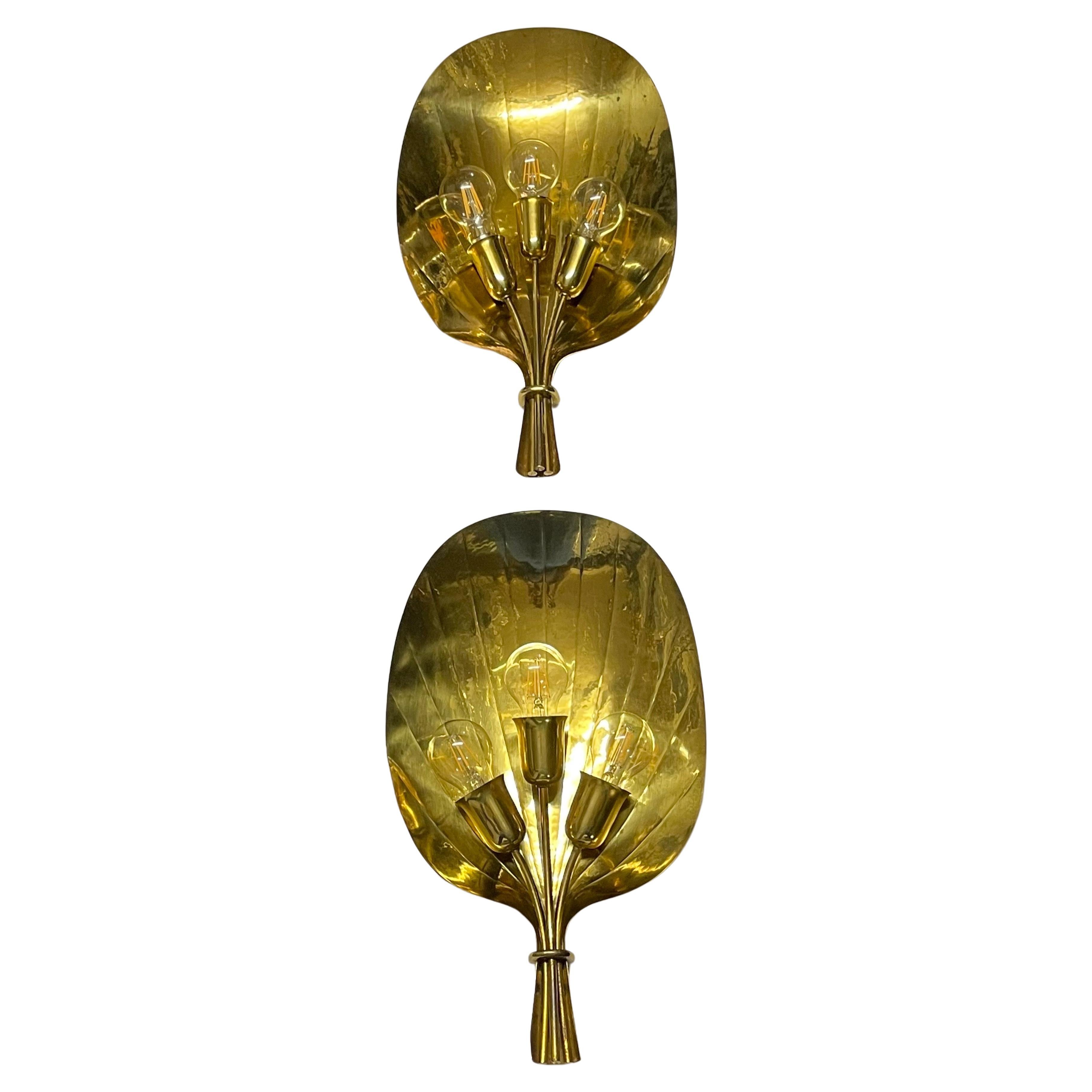 Mid-Century Modern Pair of Scandinavian  Polished Brass Fan Sconces, circa 1950s