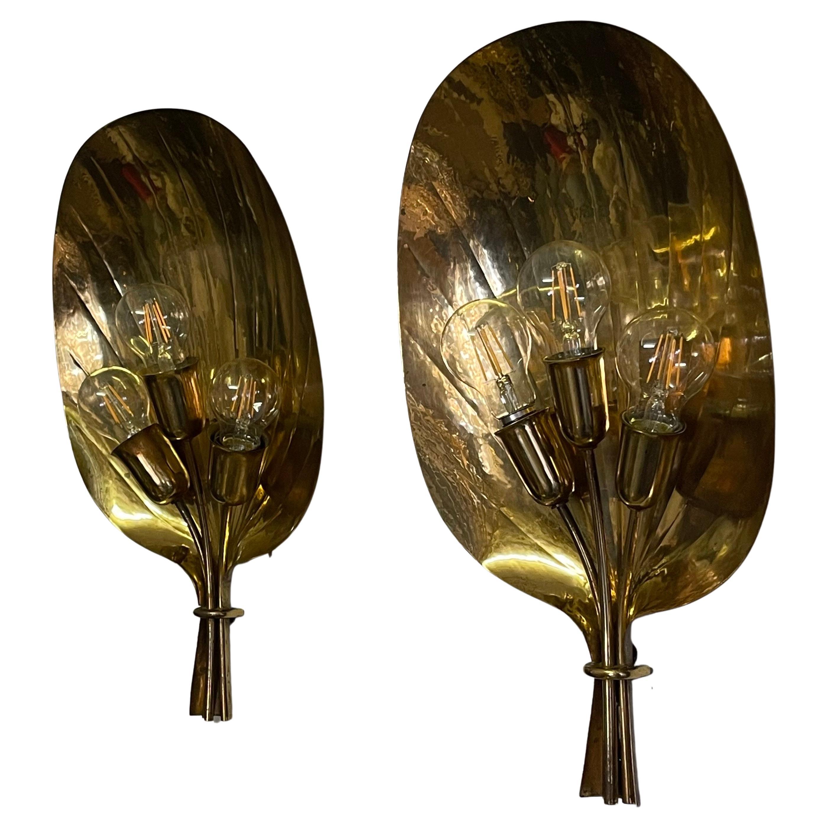 Hammered Pair of Scandinavian  Polished Brass Fan Sconces, circa 1950s