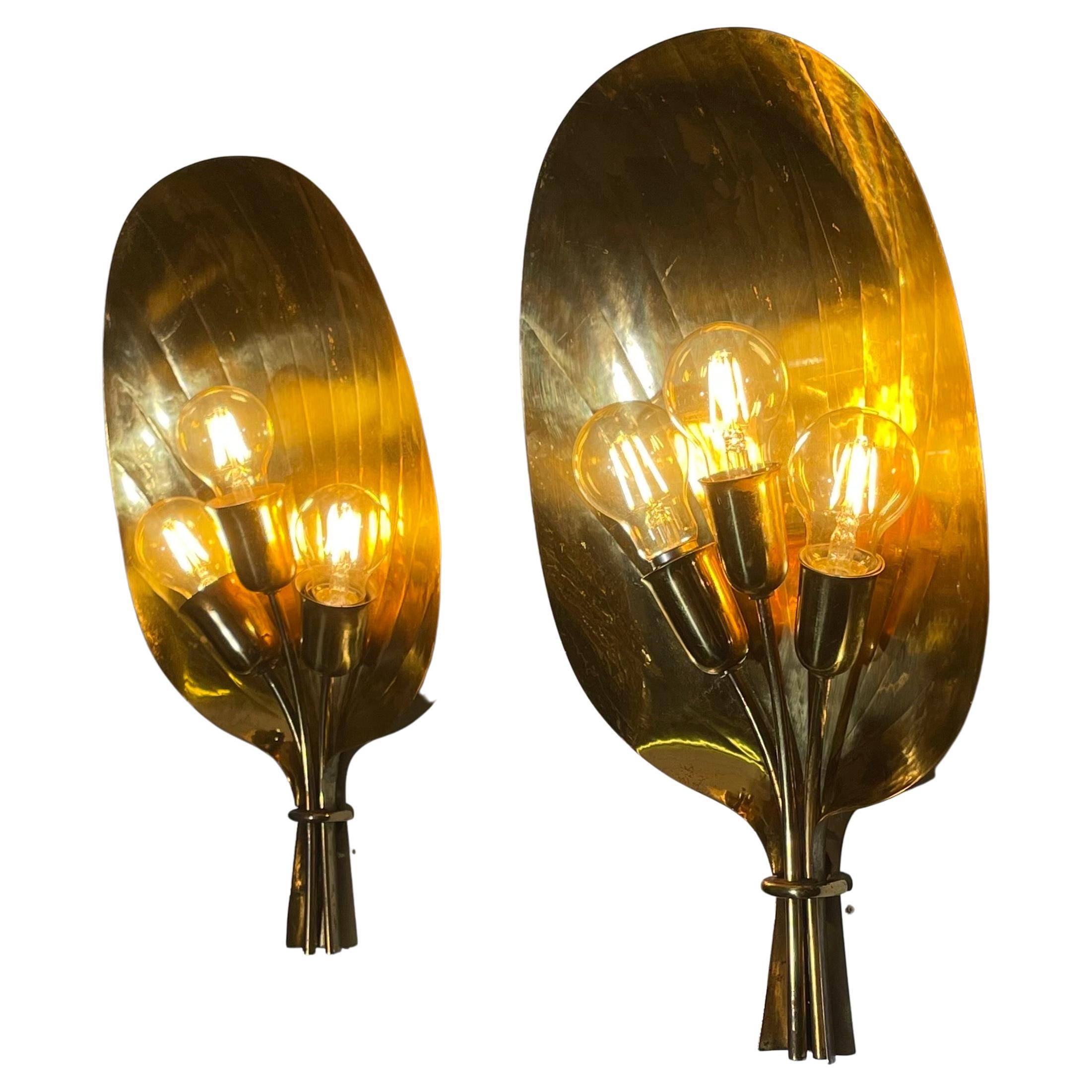 Pair of Scandinavian  Polished Brass Fan Sconces, circa 1950s 1