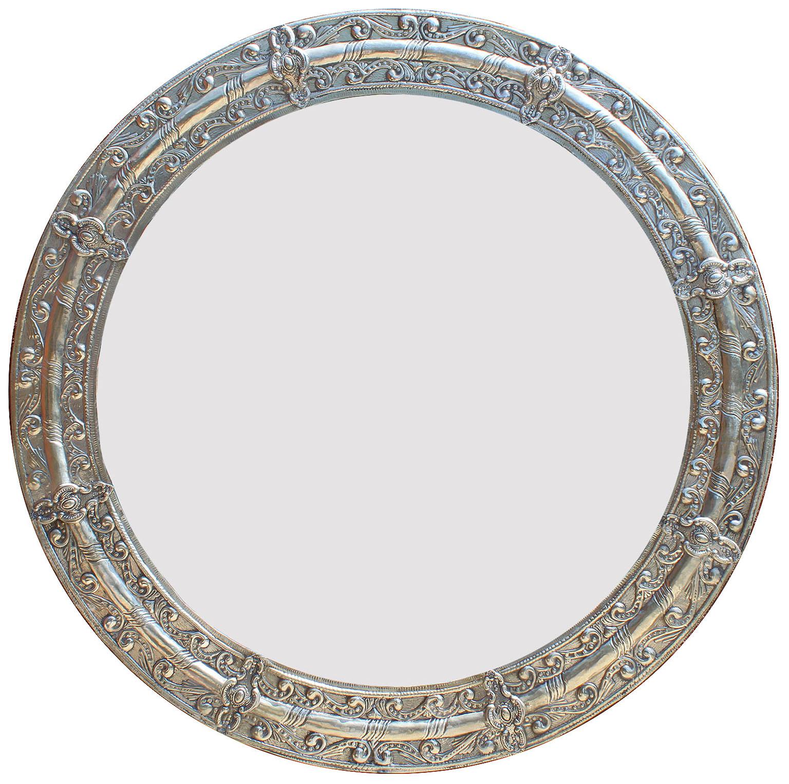 Pair of rare Portuguese embossed Alpaca silver circular mirror frames, circa 20th century.

Measures: Diameter 38 inches (96.5 cm)
Depth 1 1/4 inches (3.2 cm).

 