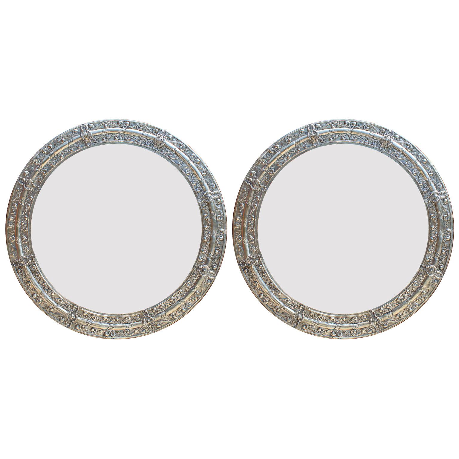 Pair of Rare Portuguese Embossed Alpaca Silver Circular 'Round' Mirror Frames