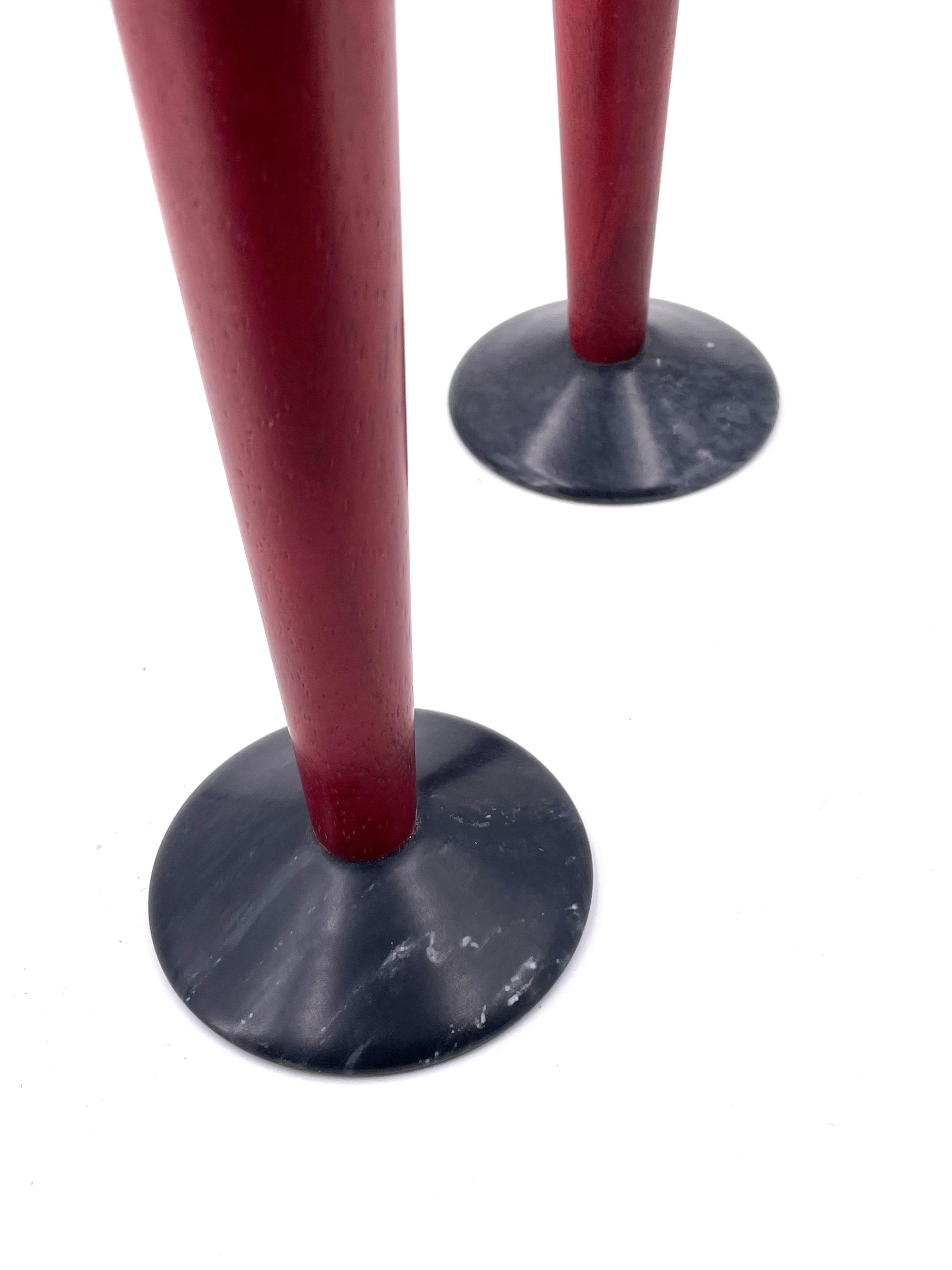 Pair of Rare Postmodern Memphis Era Candlesticks in Wood Plastic & Stone In Good Condition In San Diego, CA