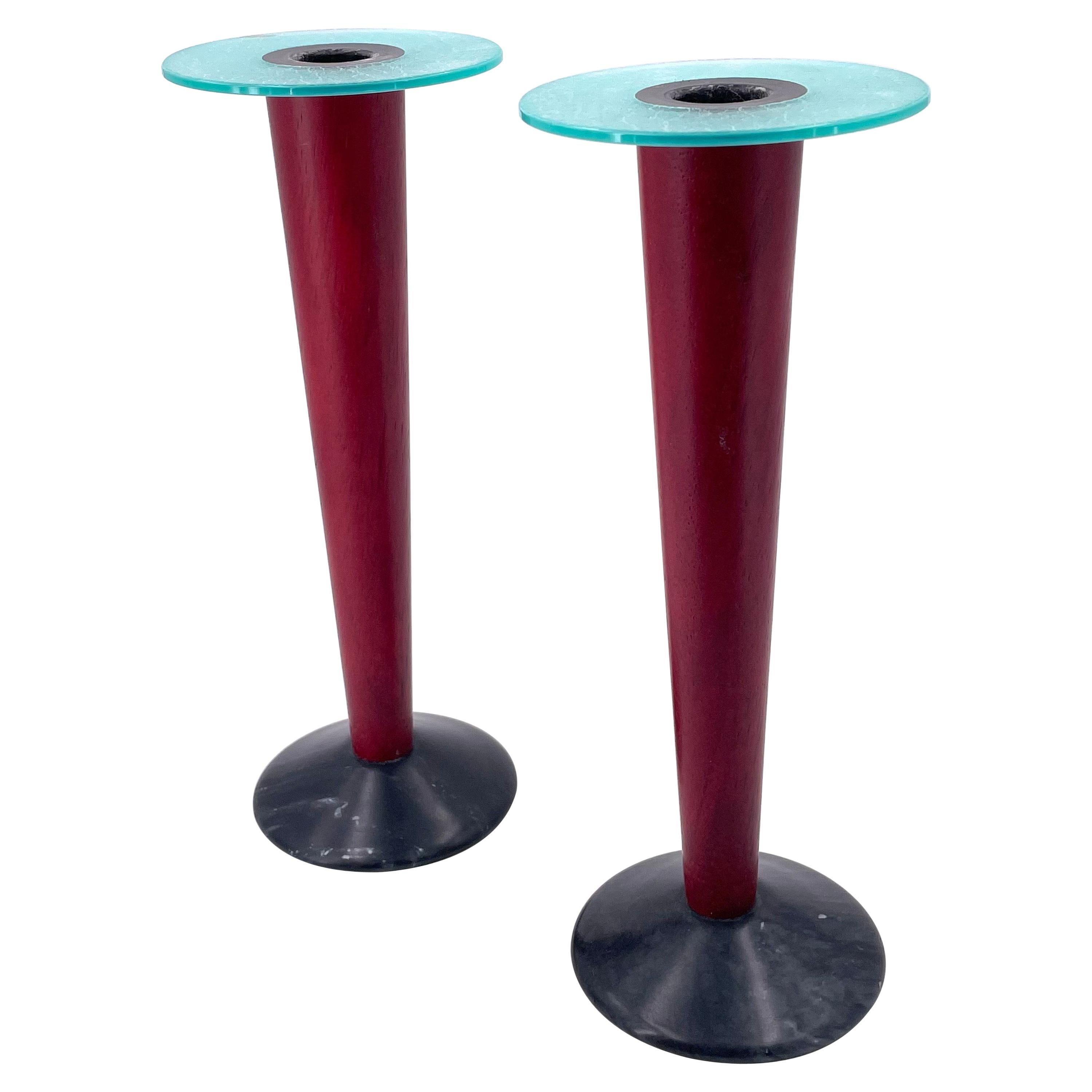 Pair of Rare Postmodern Memphis Era Candlesticks in Wood Plastic & Stone