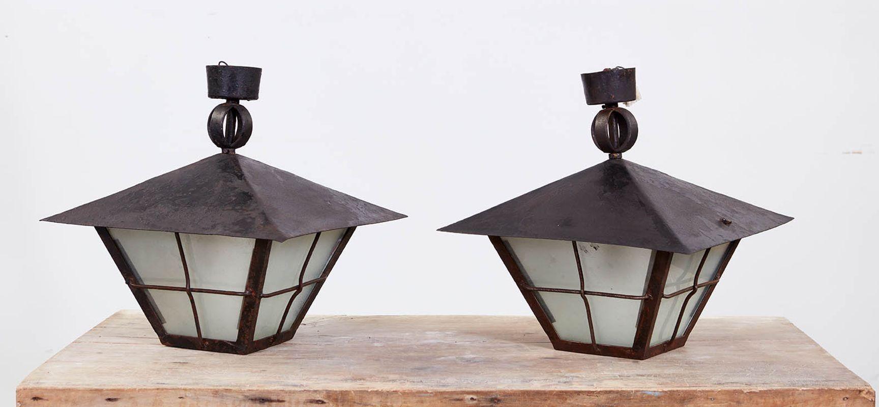 Polish Pair of Rare Salvaged 1920s Iron Marketplace Lanterns For Sale