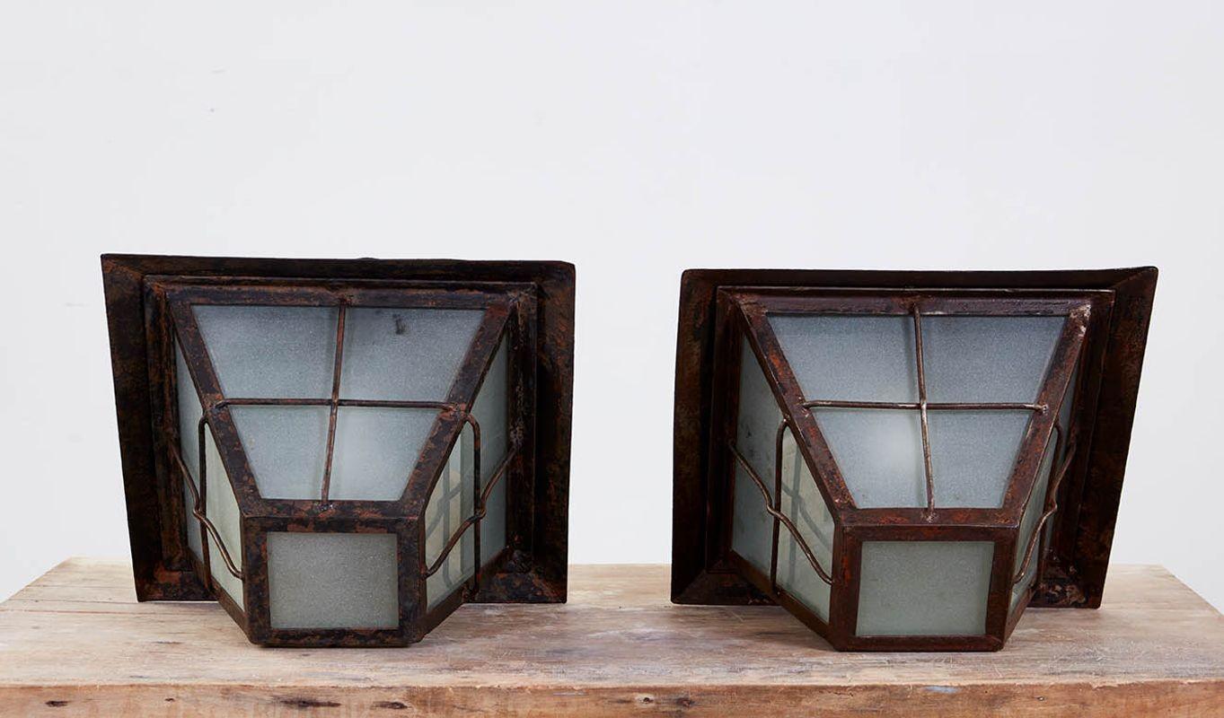 Early 20th Century Pair of Rare Salvaged 1920s Iron Marketplace Lanterns For Sale