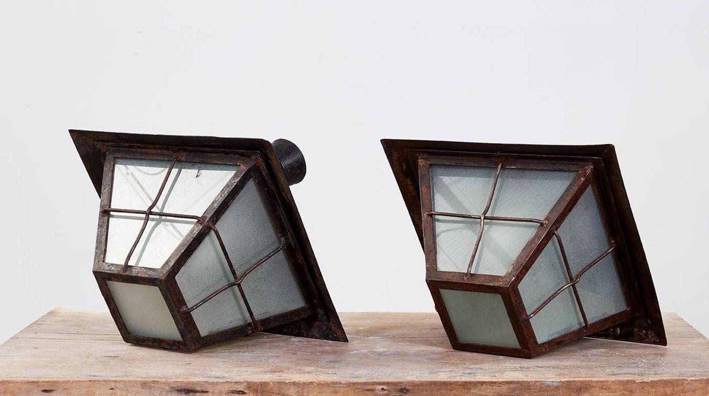 Pair of Rare Salvaged 1920s Iron Marketplace Lanterns For Sale 1