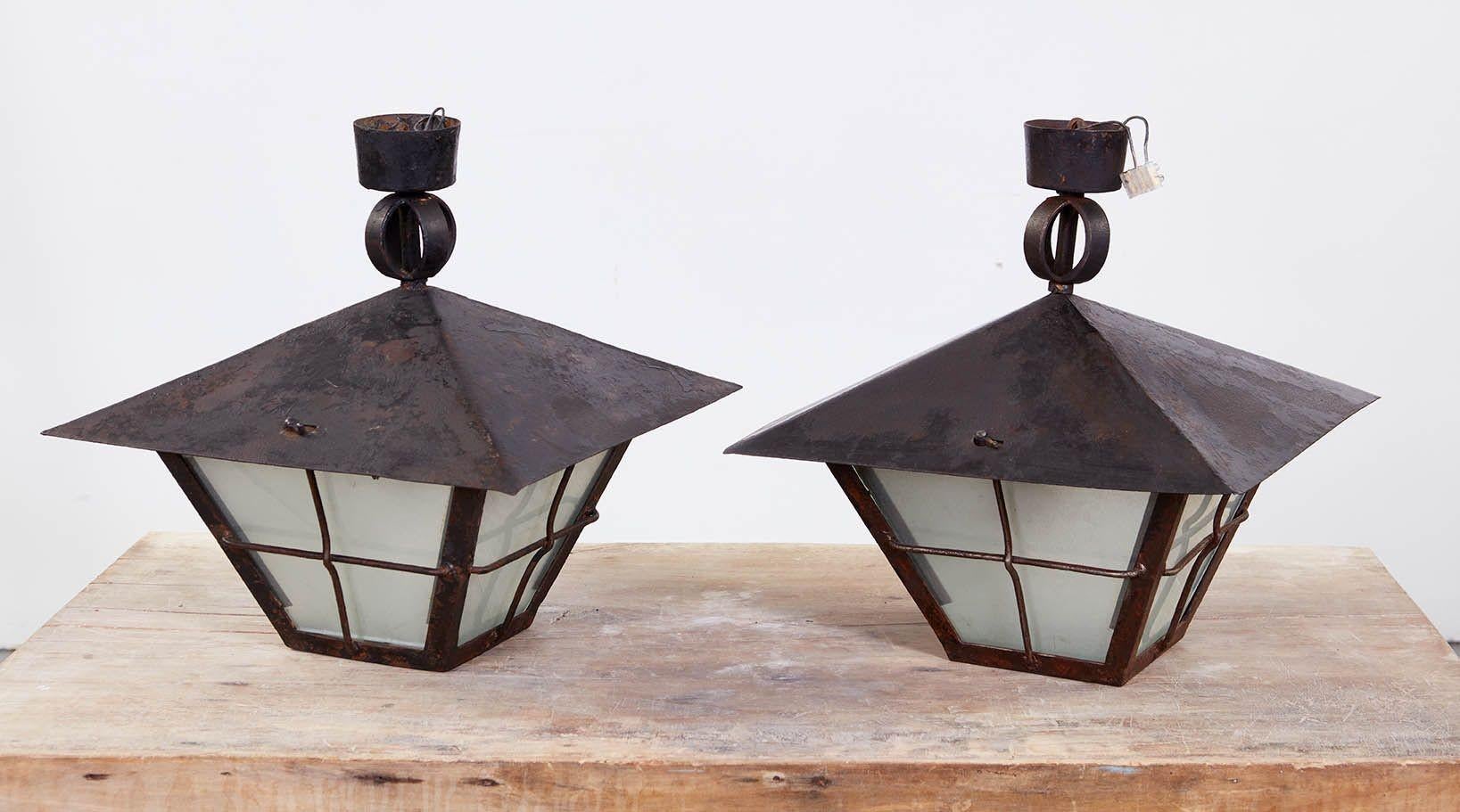 Pair of Rare Salvaged 1920s Iron Marketplace Lanterns For Sale 3