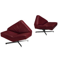 Pair of Rare Schmieder Angular Faceted 'Brasilia' Lounge Chairs Cherry Leather