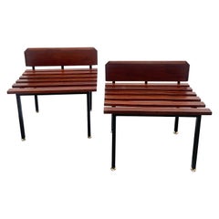 Pair of Rare Small Wood and Brass Benches with Backrest, Italy, 1960s