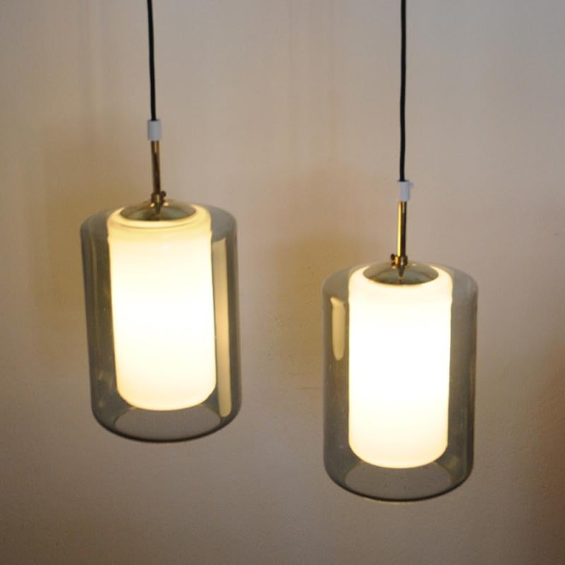 Mid-20th Century Pair of Rare Smokecolored Pendants with Inner Glass Core, Høvik, 1965, Norway