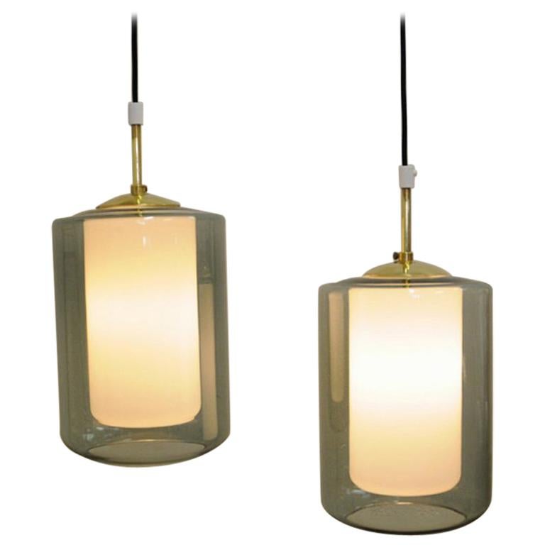 Pair of Rare Smokecolored Pendants with Inner Glass Core, Høvik, 1965, Norway