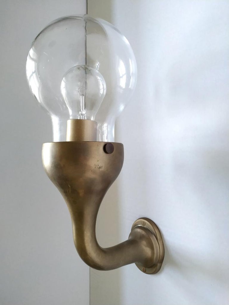 Minimalist Pair of Rare Solid Brass a Glass Globes Sconces Wall Lamps, Germany For Sale