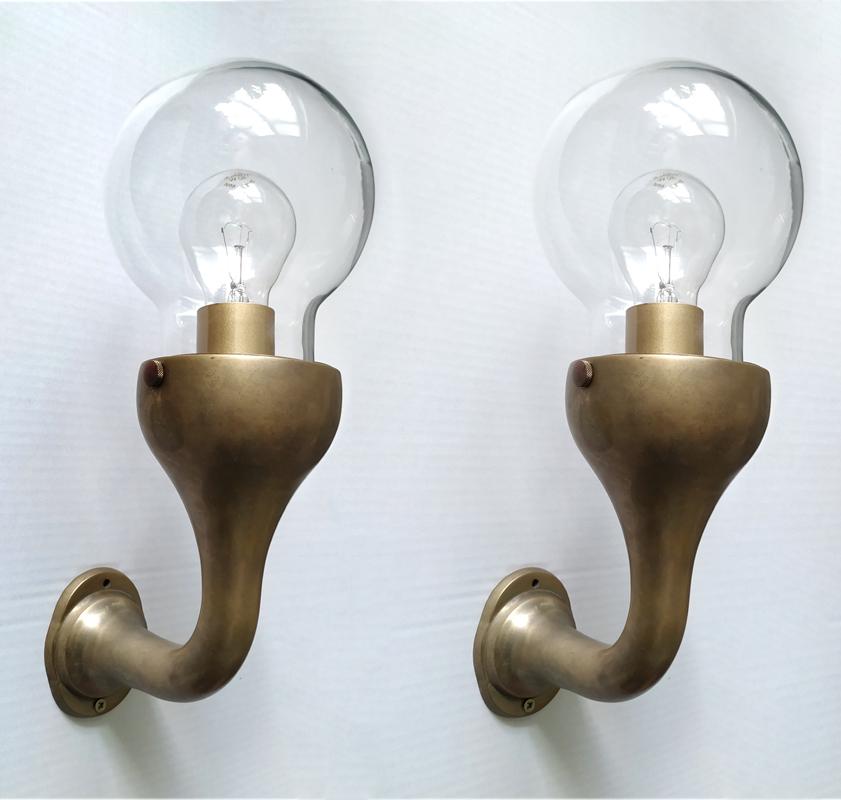 Pair of Rare Solid Brass a Glass Globes Sconces Wall Lamps, Germany For Sale 3