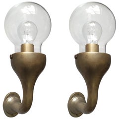 Pair of Rare Solid Brass a Glass Globes Sconces Wall Lamps, Germany