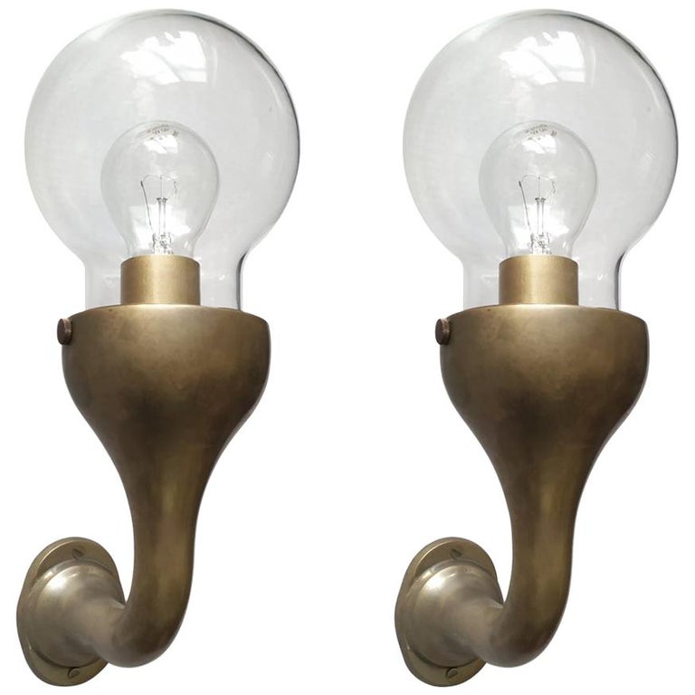 Pair of Rare Solid Brass a Glass Globes Sconces Wall Lamps, Germany For Sale