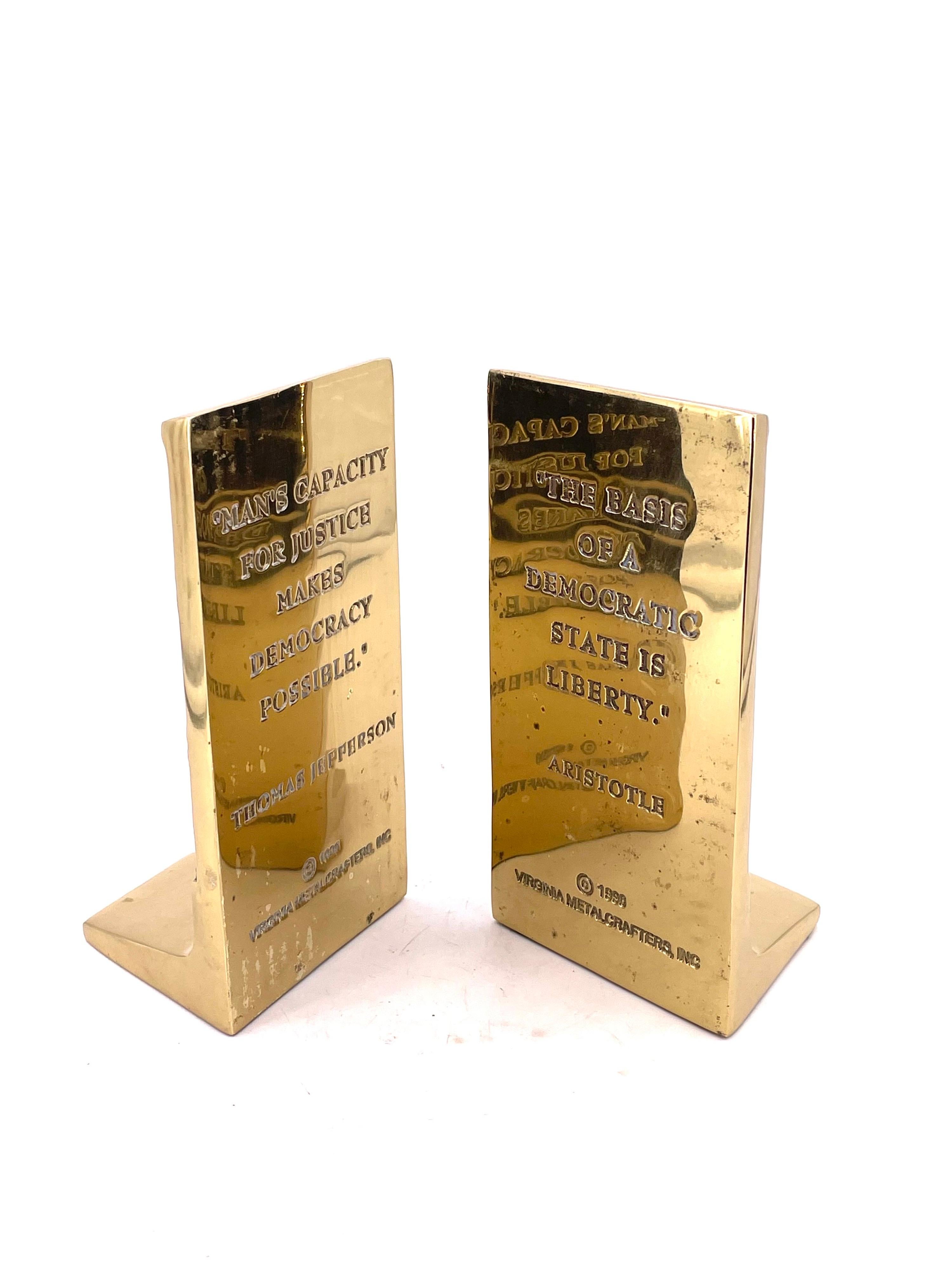 Pair of Rare Solid Brass Bookends Libertas & Justitia Set from 1996 In Good Condition In San Diego, CA