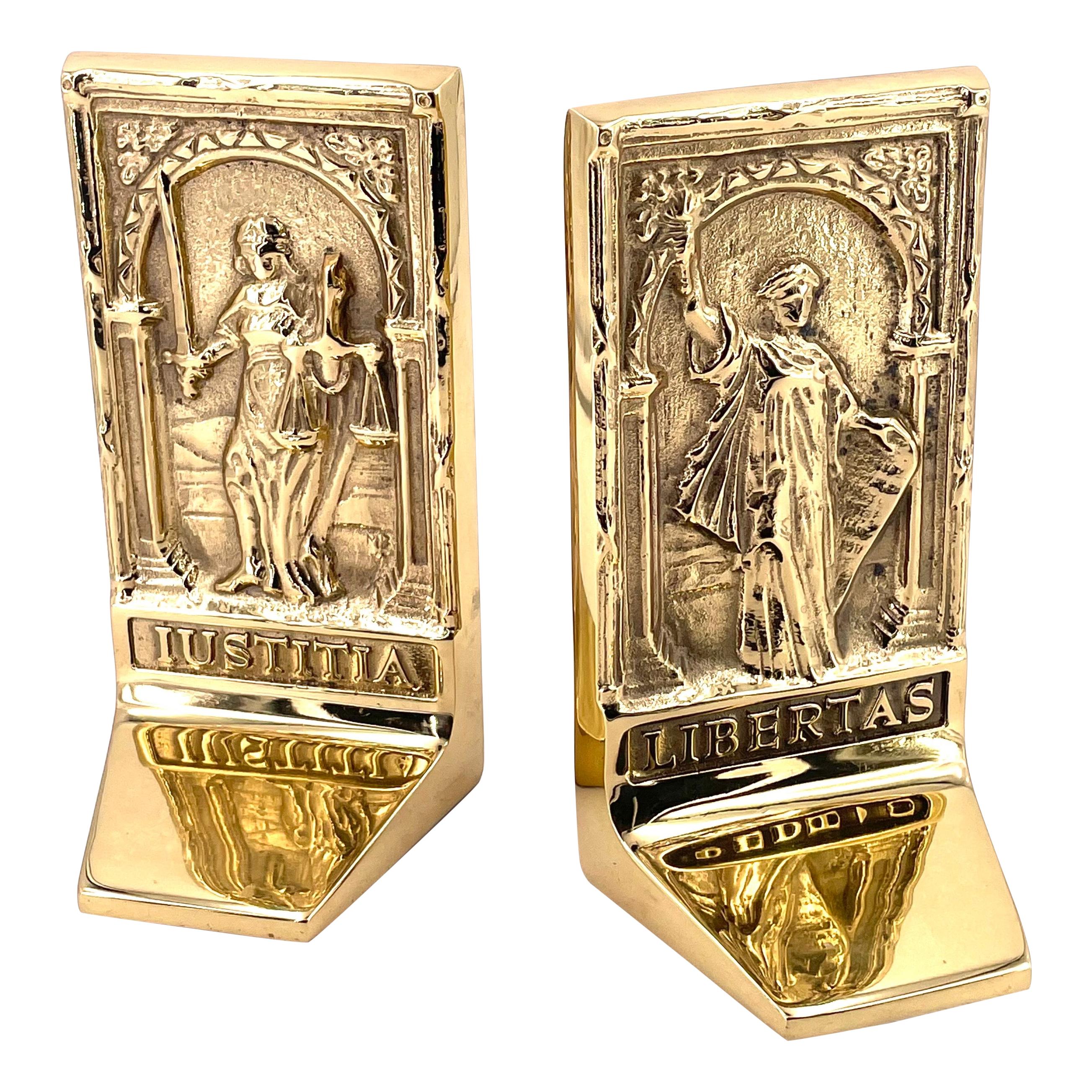 Pair of Rare Solid Brass Bookends Libertas & Justitia Set from 1996