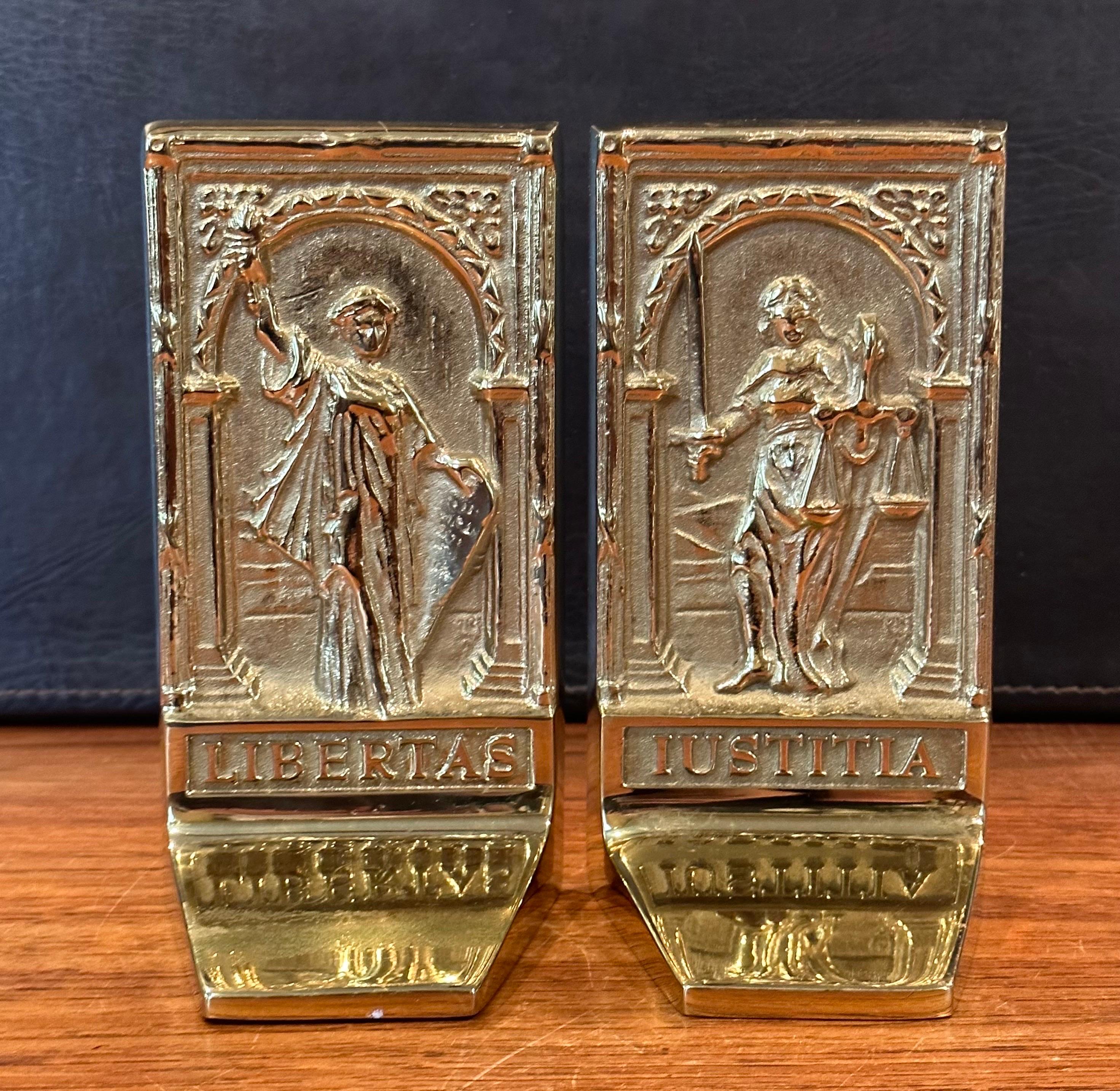 Pair of Rare Solid Brass Libertas & Justitia Bookends by Virginia Metalcrafters For Sale 9