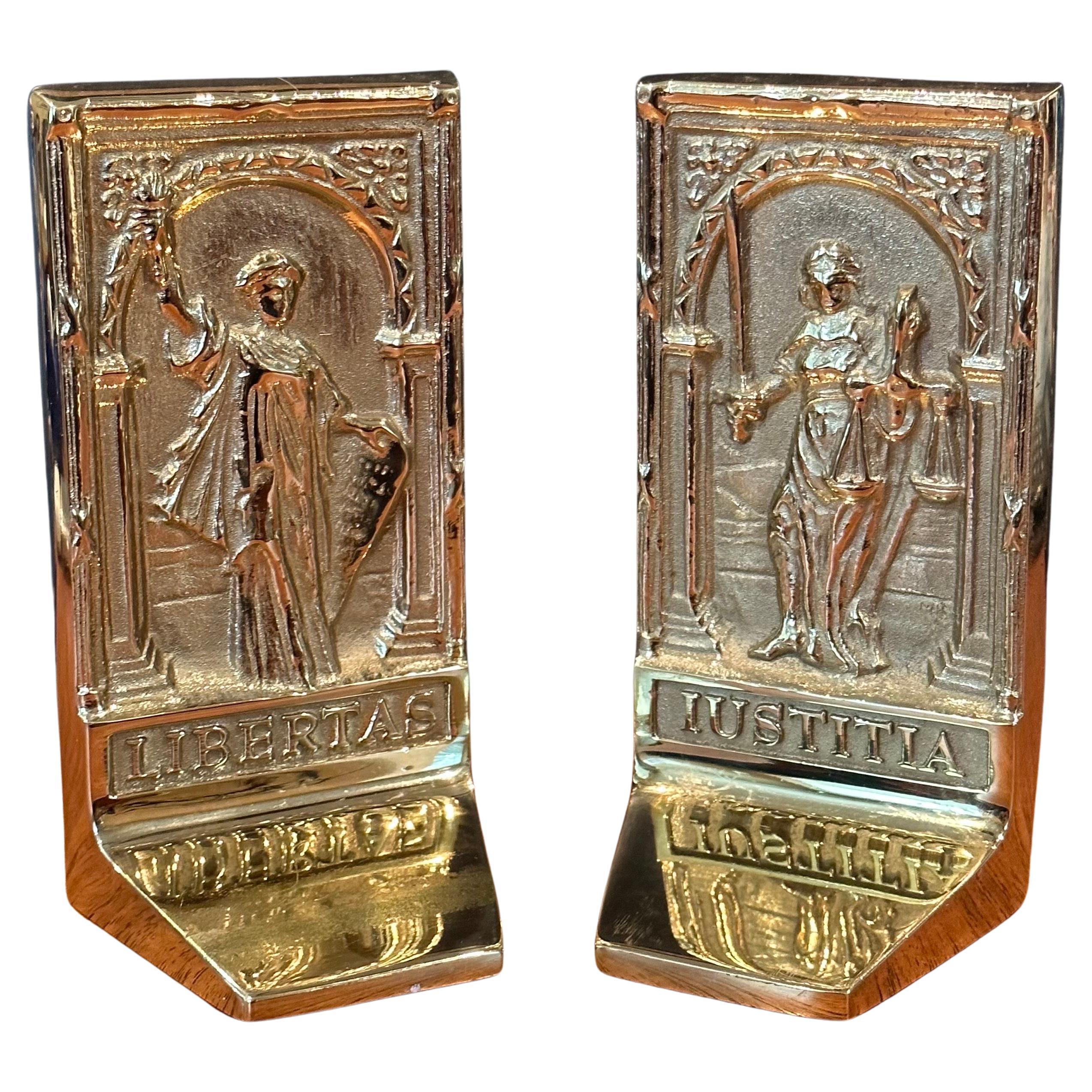 Pair of Rare Solid Brass Libertas & Justitia Bookends by Virginia Metalcrafters For Sale 10