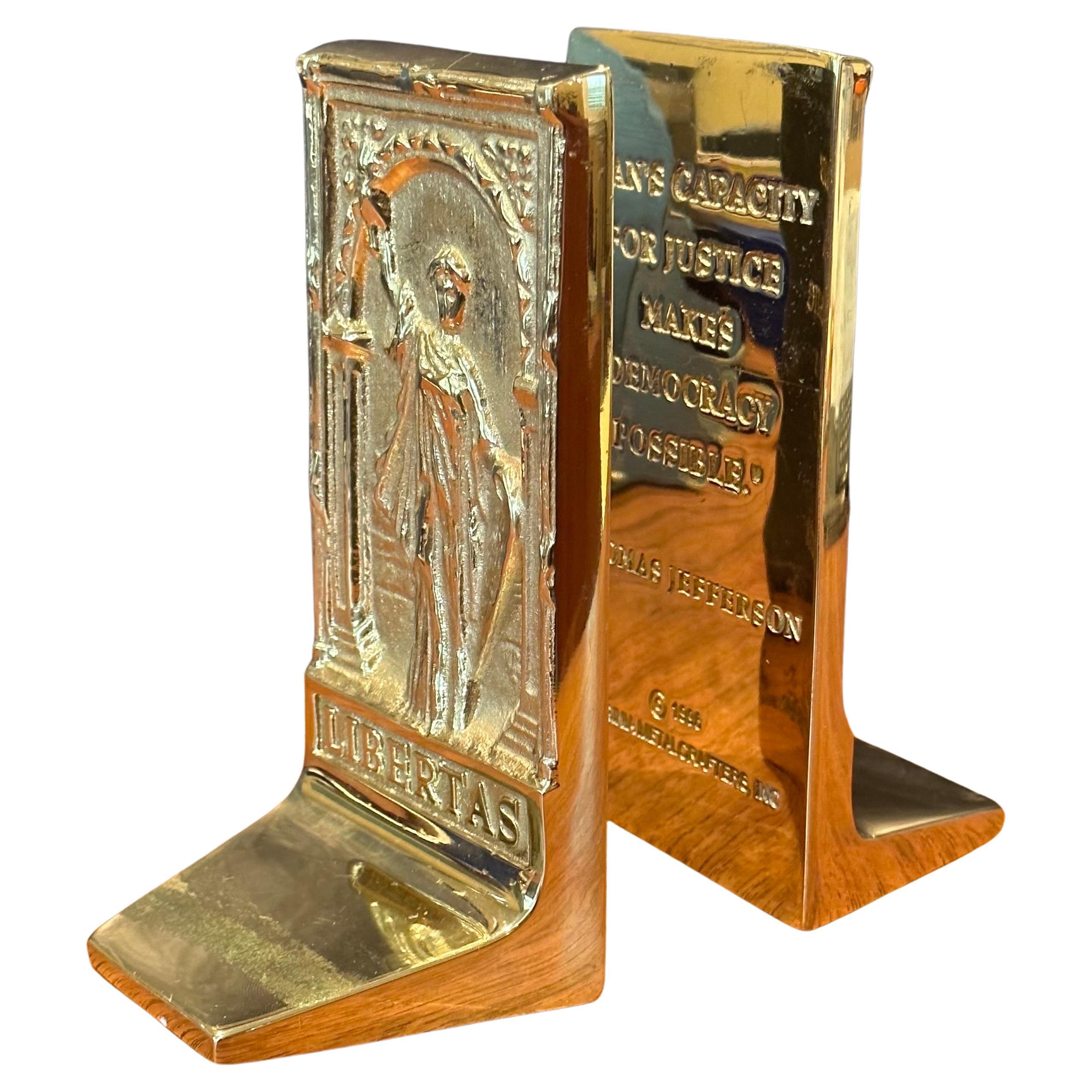 Hollywood Regency Pair of Rare Solid Brass Libertas & Justitia Bookends by Virginia Metalcrafters For Sale