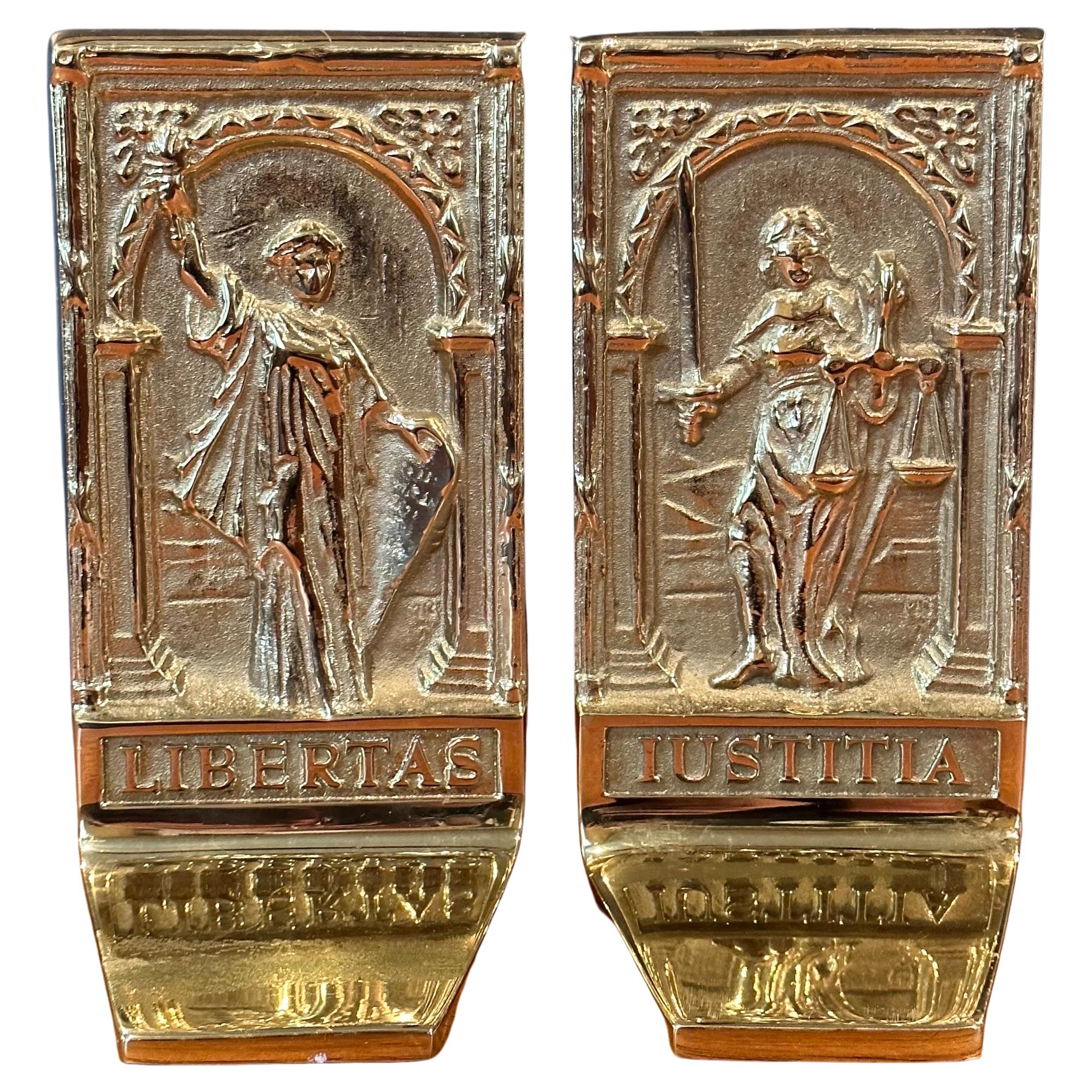 American Pair of Rare Solid Brass Libertas & Justitia Bookends by Virginia Metalcrafters For Sale