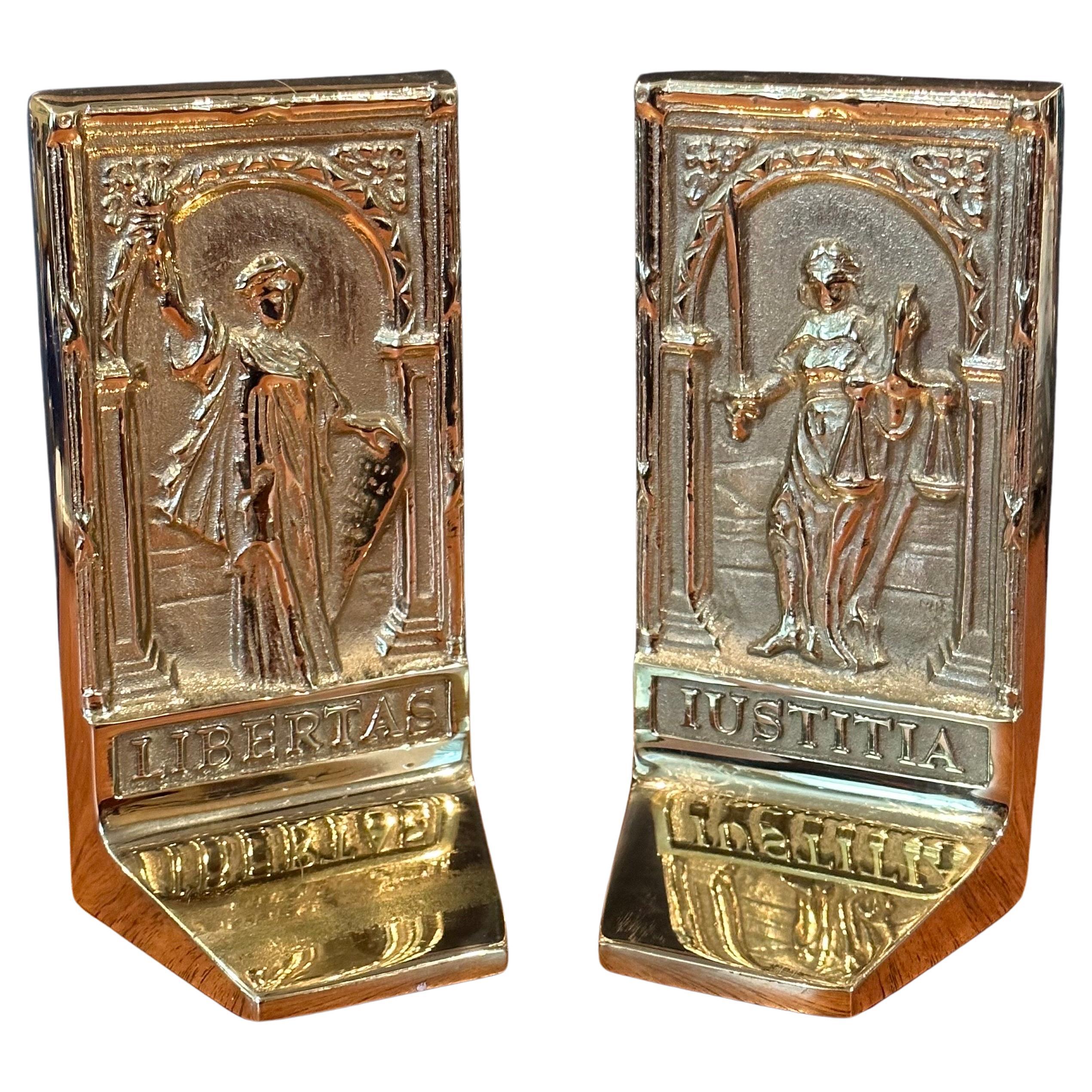 Pair of Rare Solid Brass Libertas & Justitia Bookends by Virginia Metalcrafters For Sale