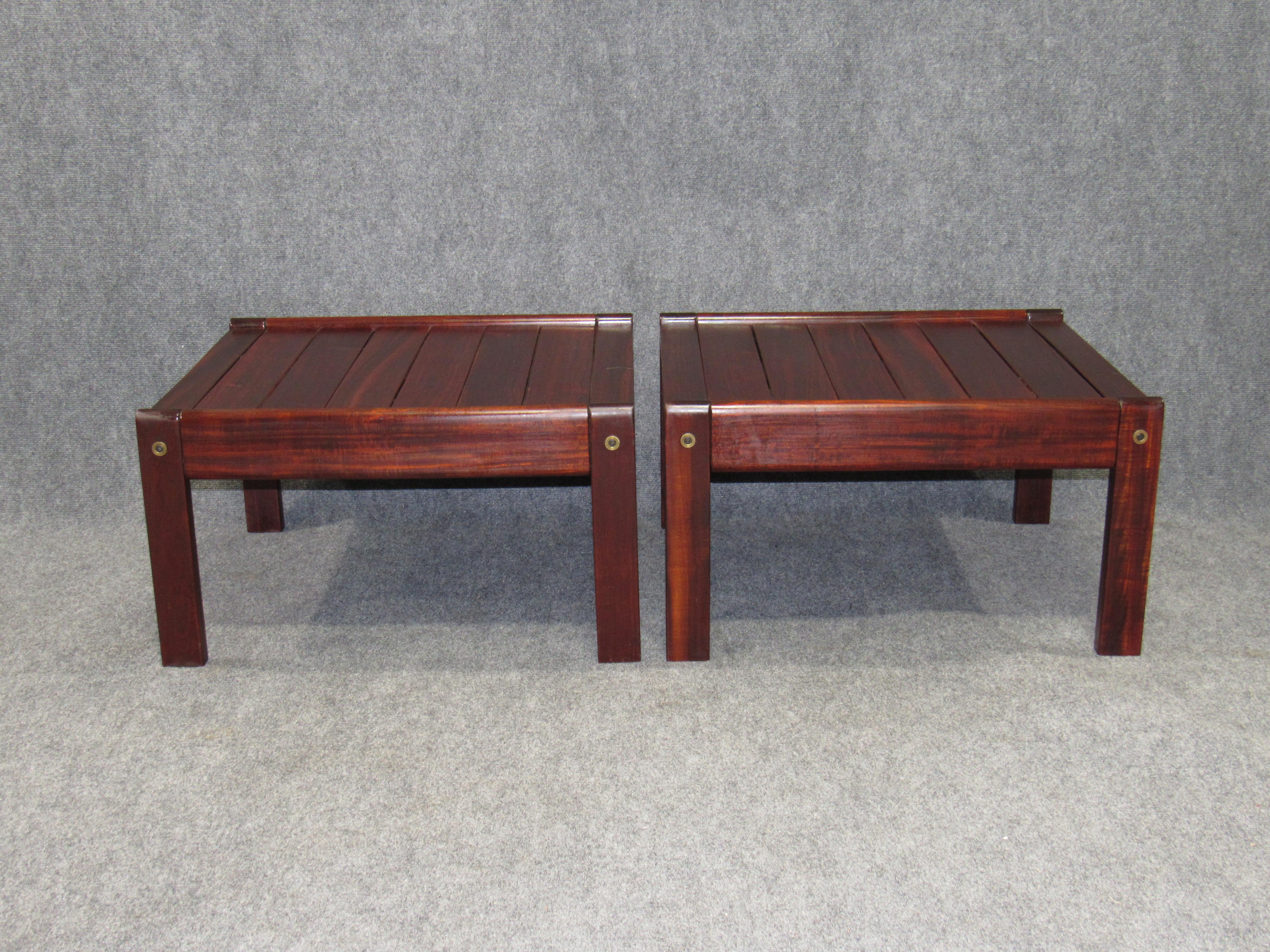 Mid-Century Modern Pair of Rare Solid Brazilian Rosewood Ottomans / Stools Jean Gillon Attributed