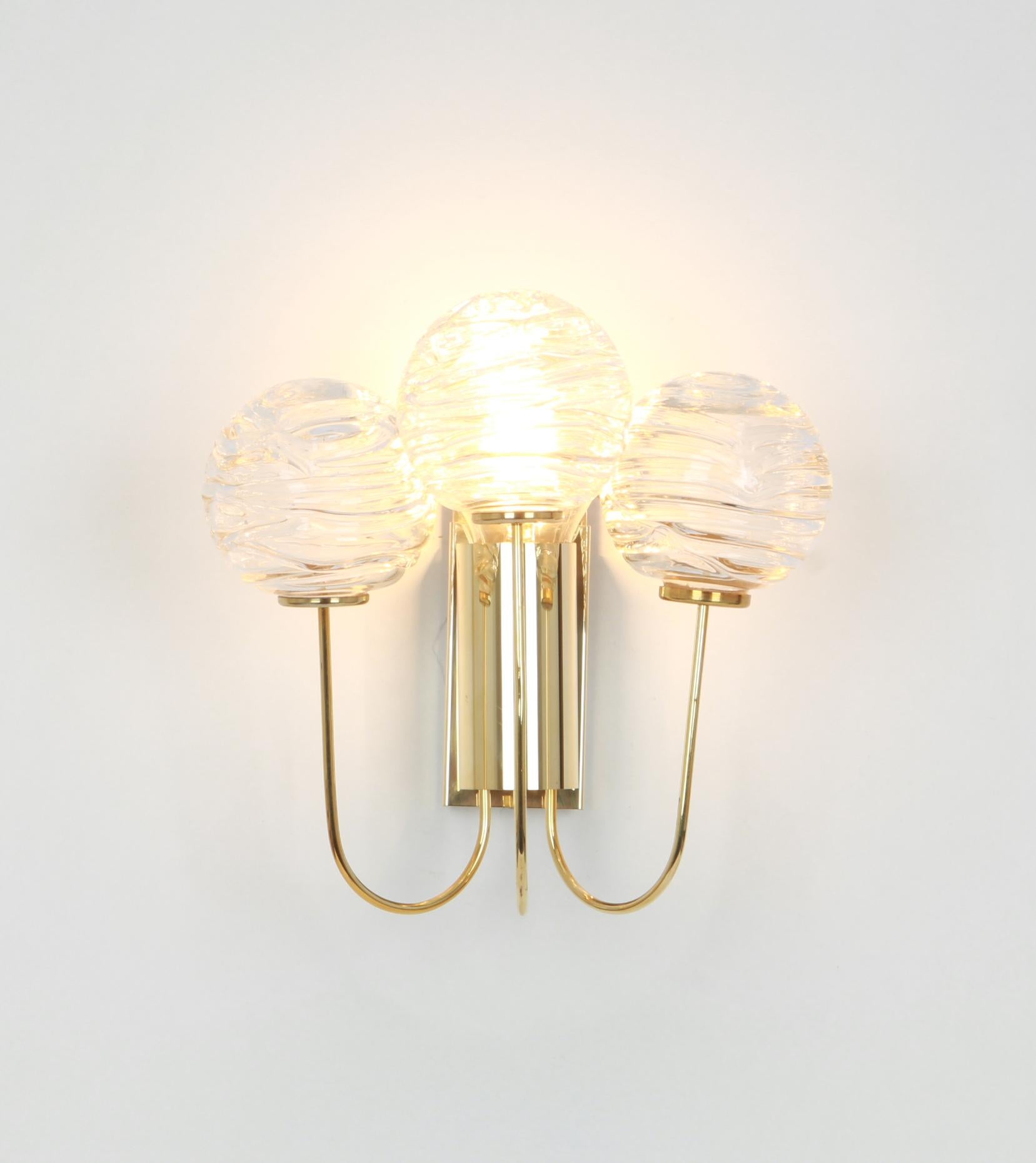 Mid-20th Century Pair of Rare Sputnik Brass and Murano Glass Wall Sconces by Doria, Germany, 1960 For Sale