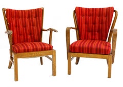 Pair of Rare Stamped Fritz Hansen Model 1628 Stained Beech Open Framed Armchairs