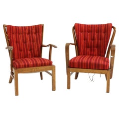 Pair of Rare Stamped Fritz Hansen Model 1628 Stained Beech Open Framed Armchairs