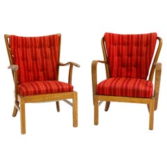 Vintage Pair of Rare Stamped Fritz Hansen Model 1628 Stained Beech Open Framed Armchairs