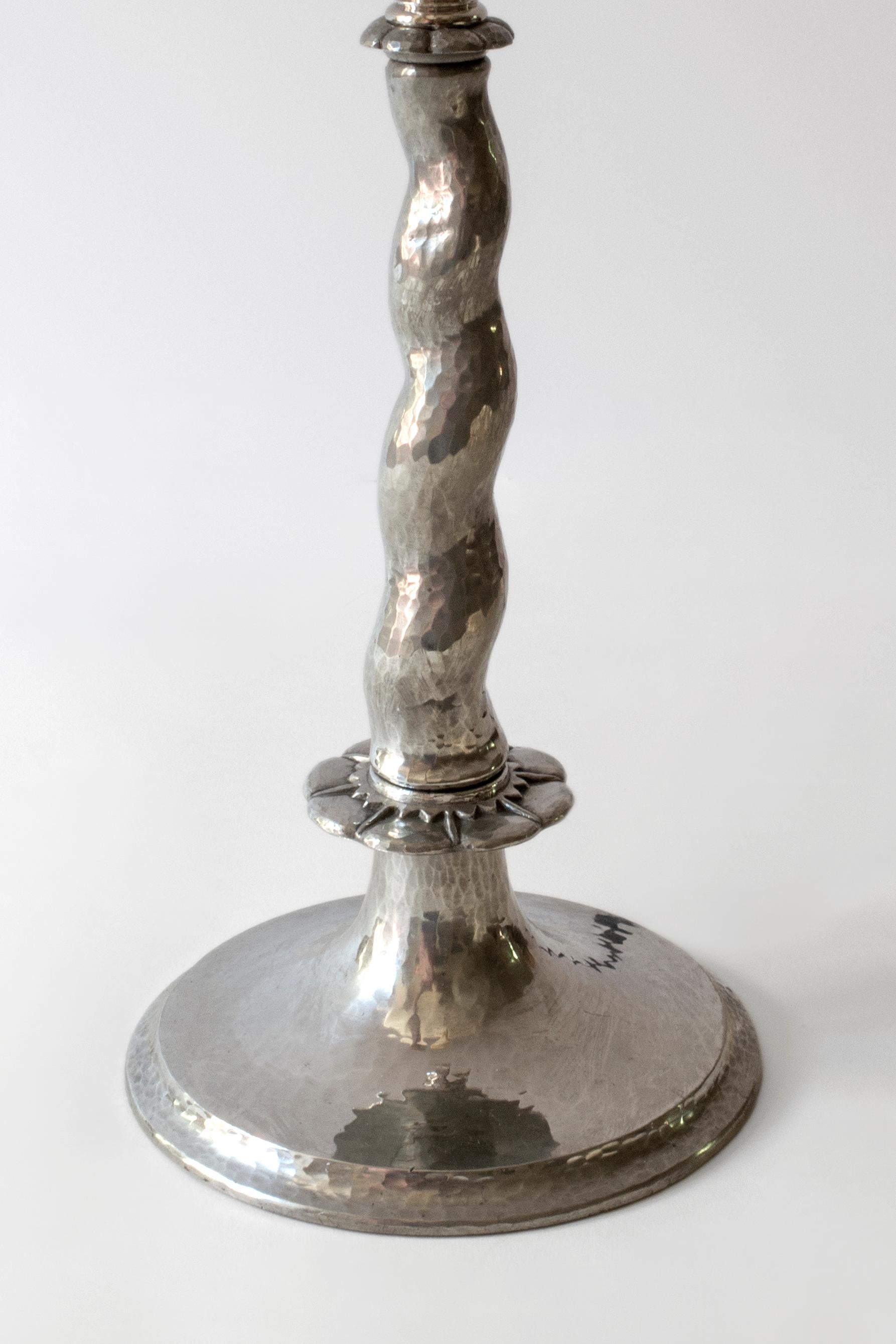 Pair of Rare Swedish Hammered Pewter Barley-Twist Table Lamps In Good Condition In Philadelphia, PA