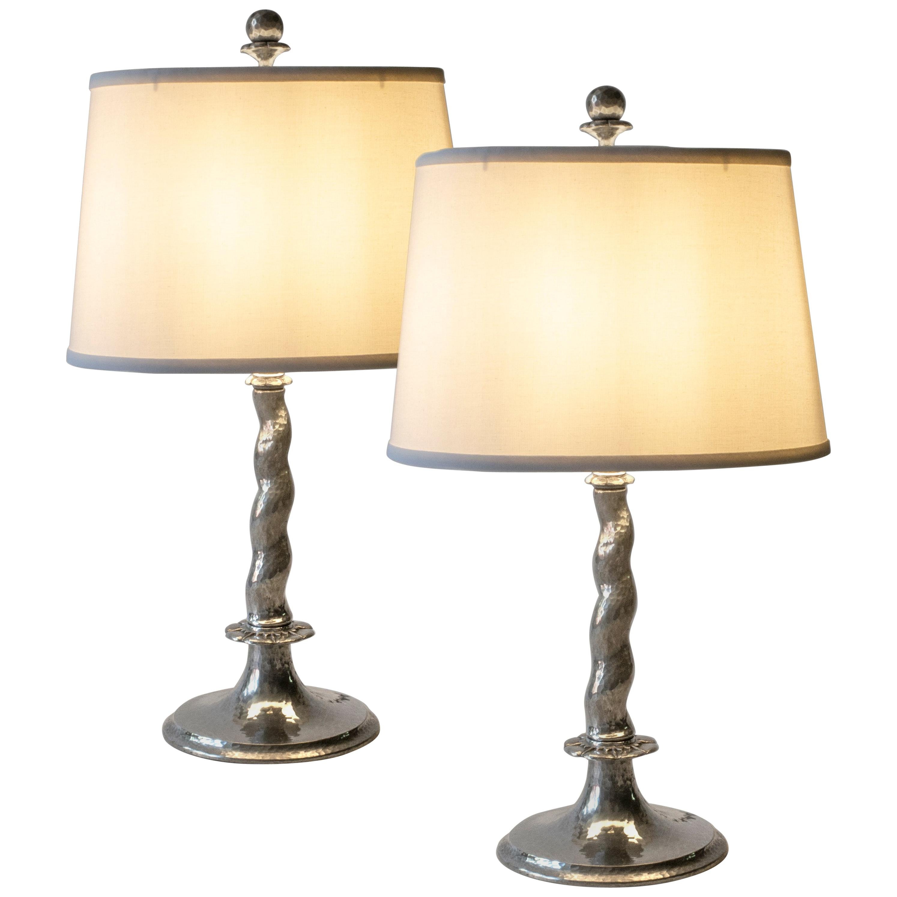 Pair of Rare Swedish Hammered Pewter Barley-Twist Table Lamps