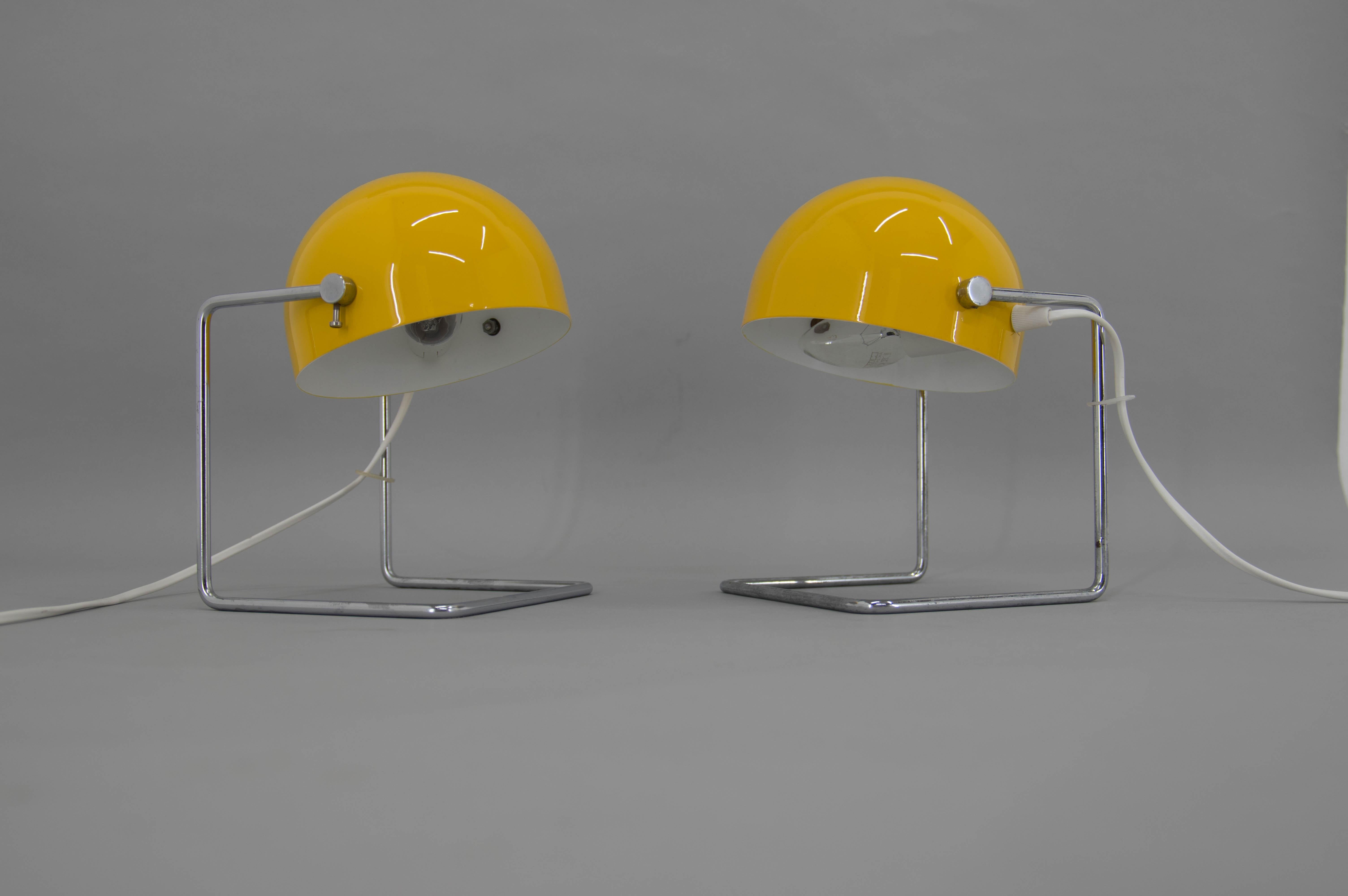 Set of two table lamps made by Napako in Czechoslovakia in 1960s.
Restored: new yellow paint.
Rewired: 1x40W, E12-E14 bulb
Chrome on one lamp with some losses.
US plug adapter included.
 