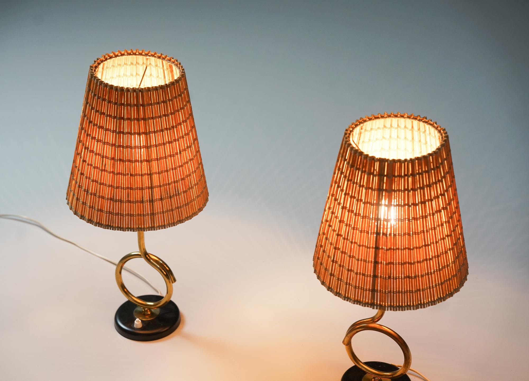 Scandinavian Modern Pair of Rare Table Lamps with Wooden Slat Shades, Valinte Oy, 1950s For Sale