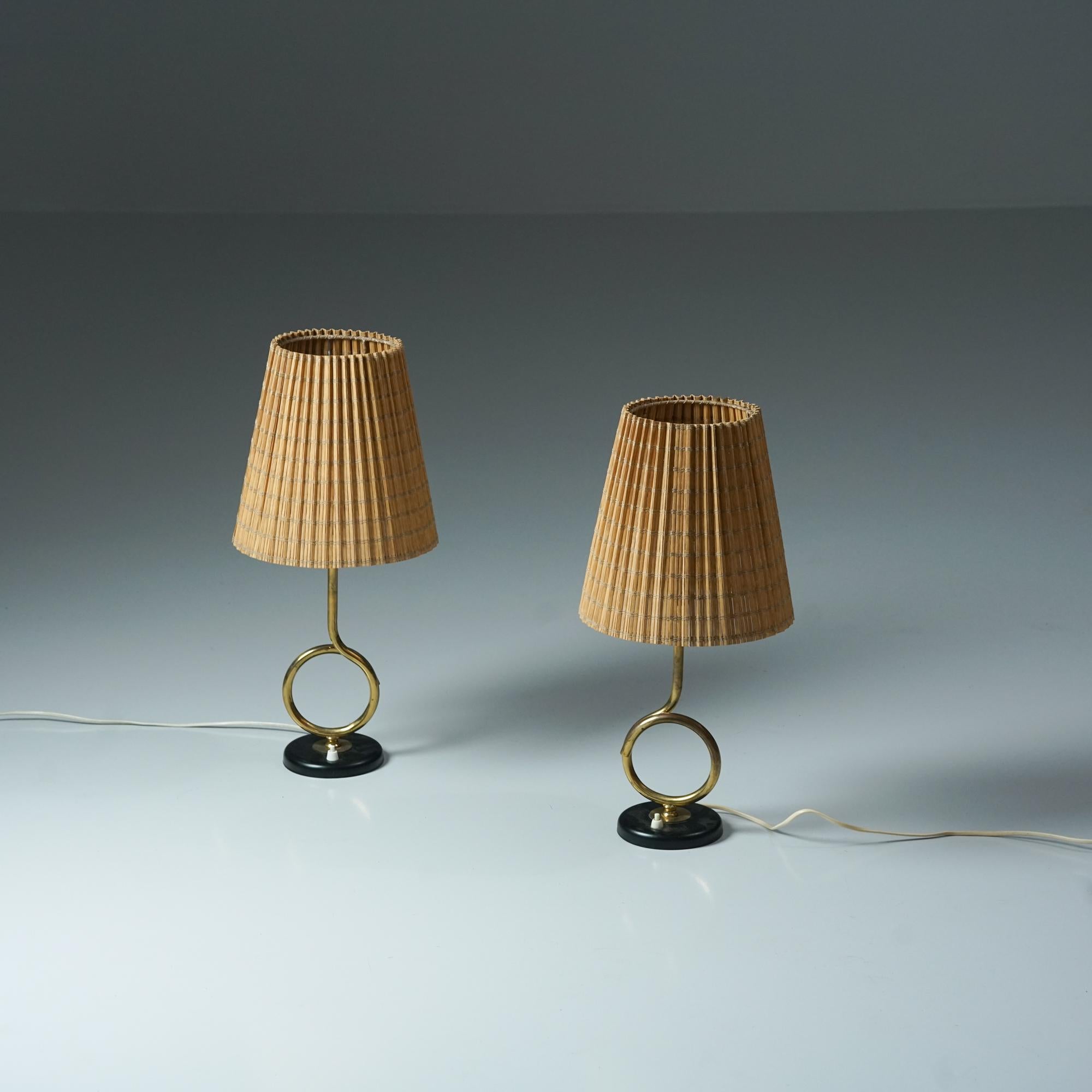 Finnish Pair of Rare Table Lamps with Wooden Slat Shades, Valinte Oy, 1950s For Sale